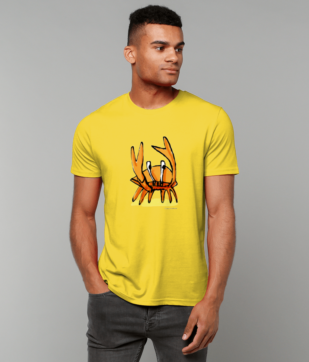 Crab T-shirt - Young man wearing an illustrated funny Angry Crab t-shirt design on a yellow colour vegan cotton t-shirts by Hector and Bone
