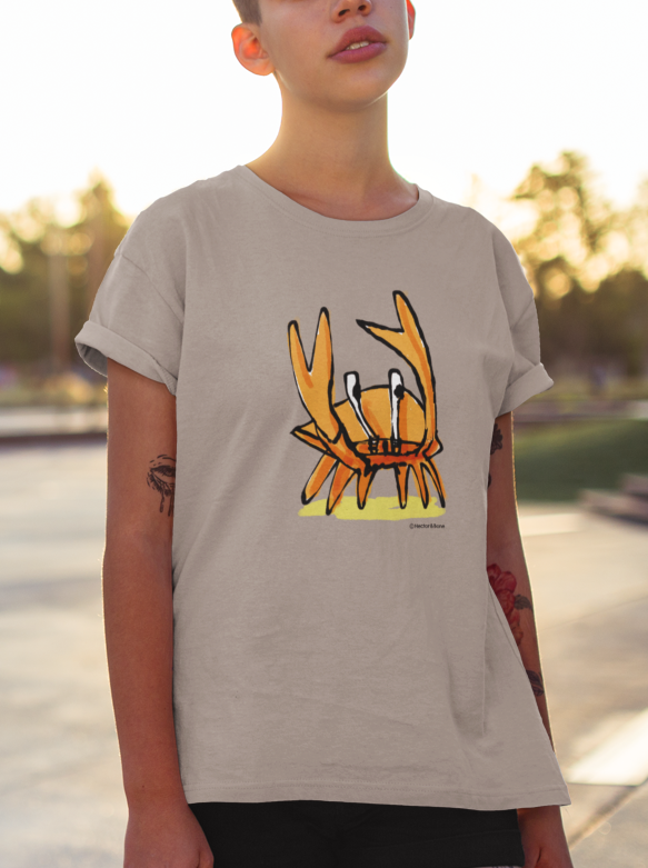 Crab T-shirt - Young woman wearing a illustrated funny Angry Crab t-shirt design on desert dust colour vegan cotton by Hector and Bone