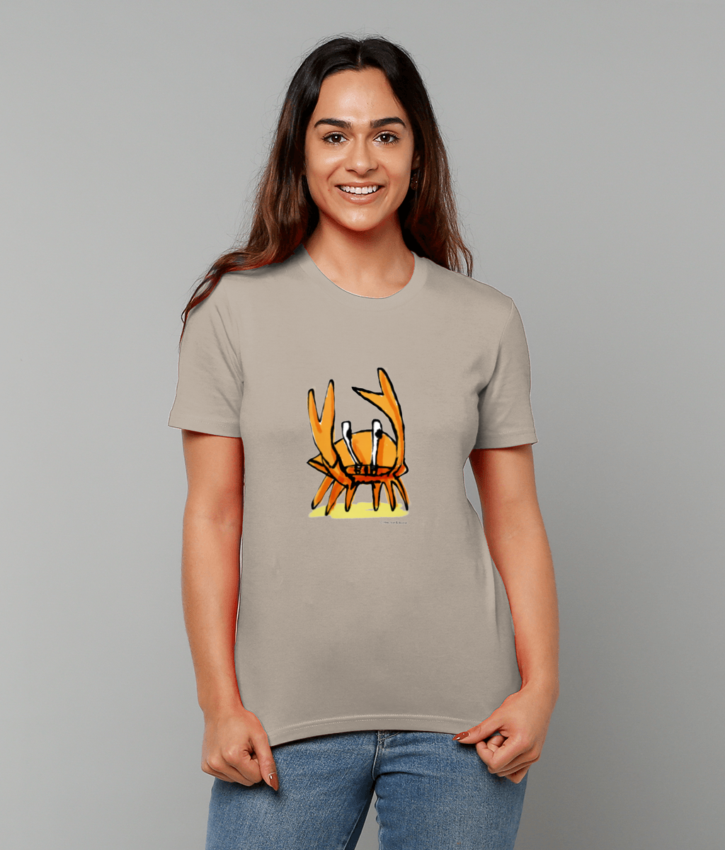 Crab T-shirt - Young woman wearing an illustrated funny Angry Crab t-shirt design on a dust colour vegan cotton t-shirts by Hector and Bone