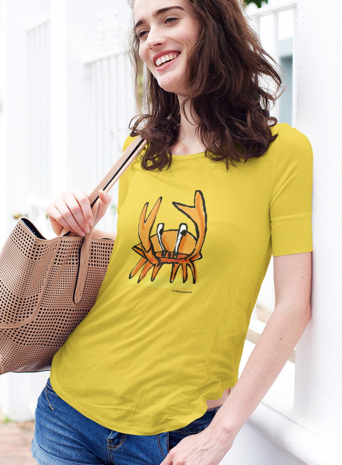 Crab T-shirt - Young woman wearing a illustrated funny Angry Crab t-shirt design on yellow vegan cotton by Hector and Bone
