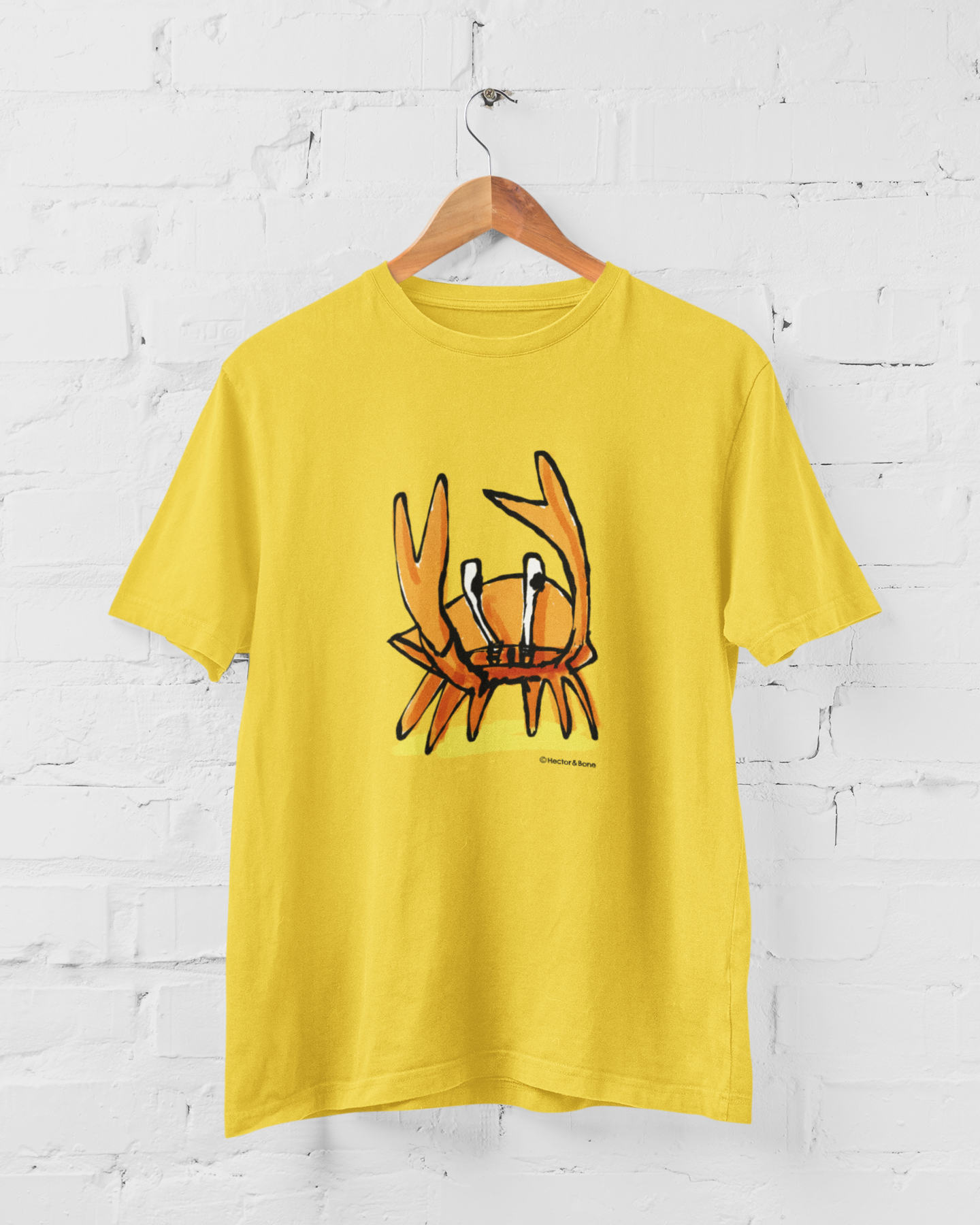Crab T-shirt - Illustrated funny Angry Crab t-shirts printed on golden yellow colour vegan cotton by Hector and Bone