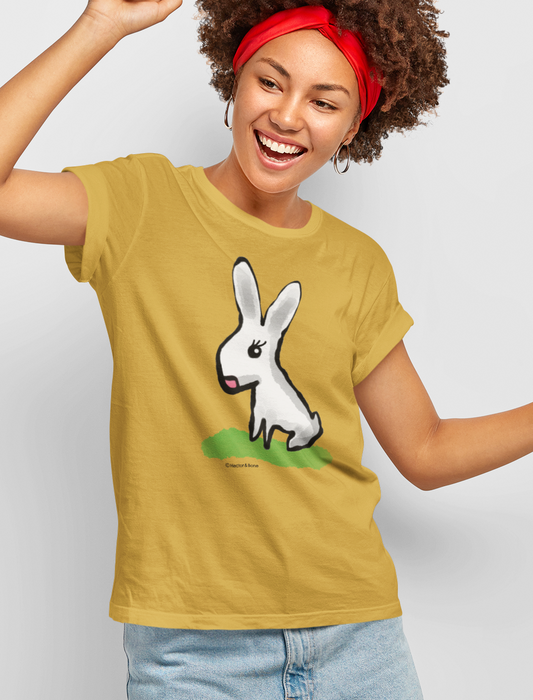 Cute Bunny T-shirt - Young woman wearing original illustrated bunny design on ochre colour vegan cotton t-shirts by Hector and Bone