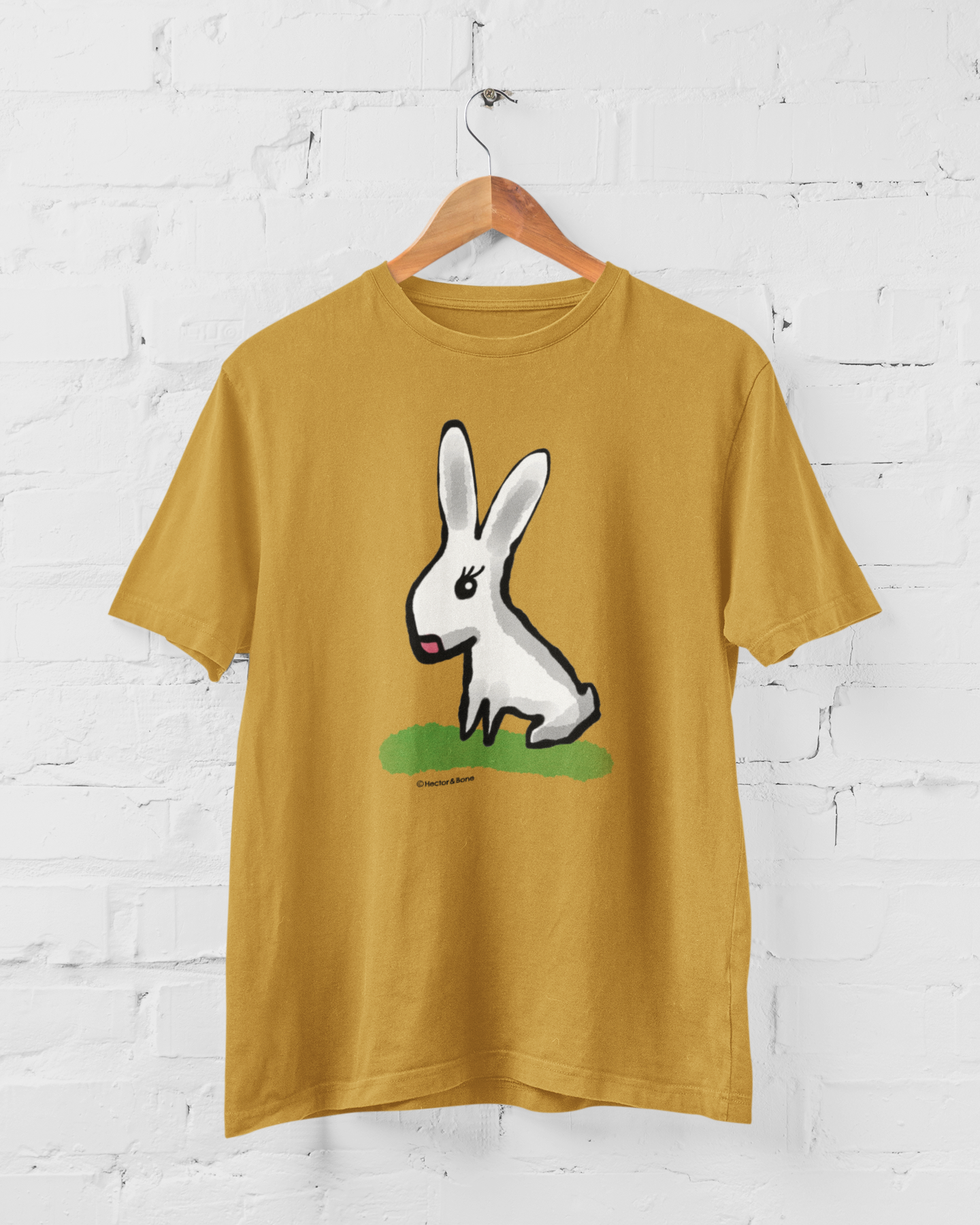 Cute Bunny T-shirt original illustrated design on ochre colour vegan cotton t-shirts by Hector and Bone