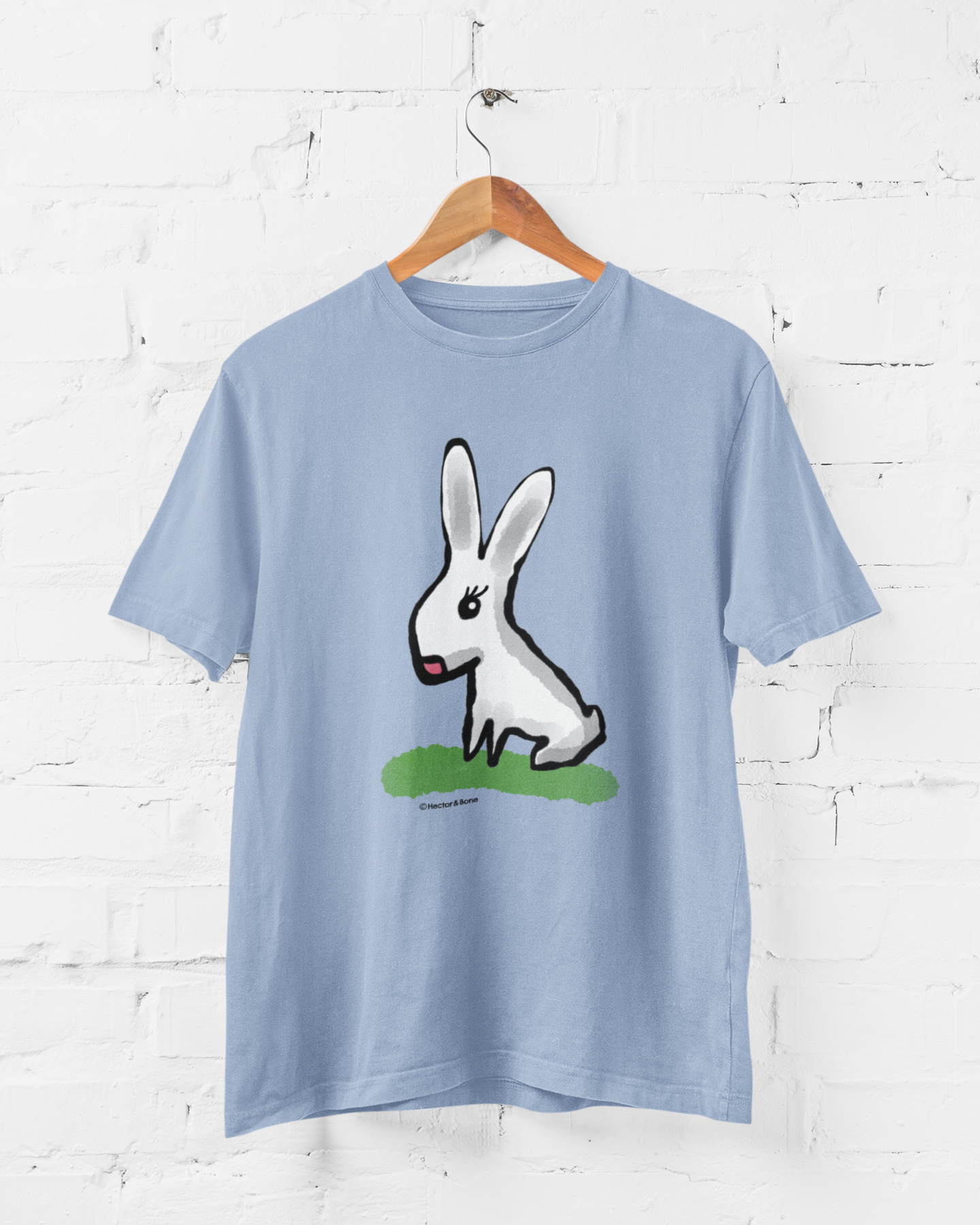 Cute Bunny T-shirt original illustrated design on a sky blue colour vegan cotton t-shirts by Hector and Bone