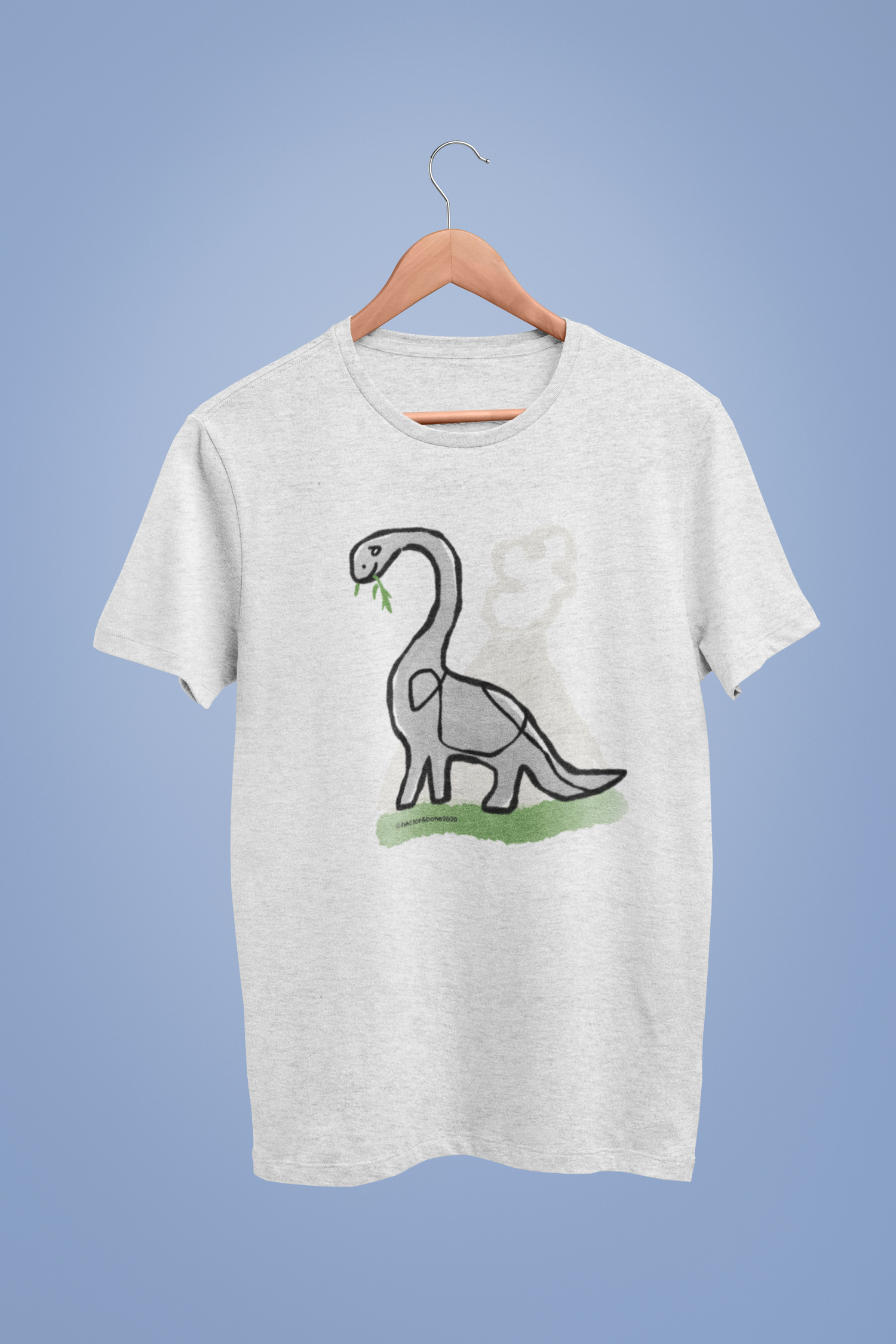 A cute derek dinosaur illustrated design by hector and bone on a heather t-shirt