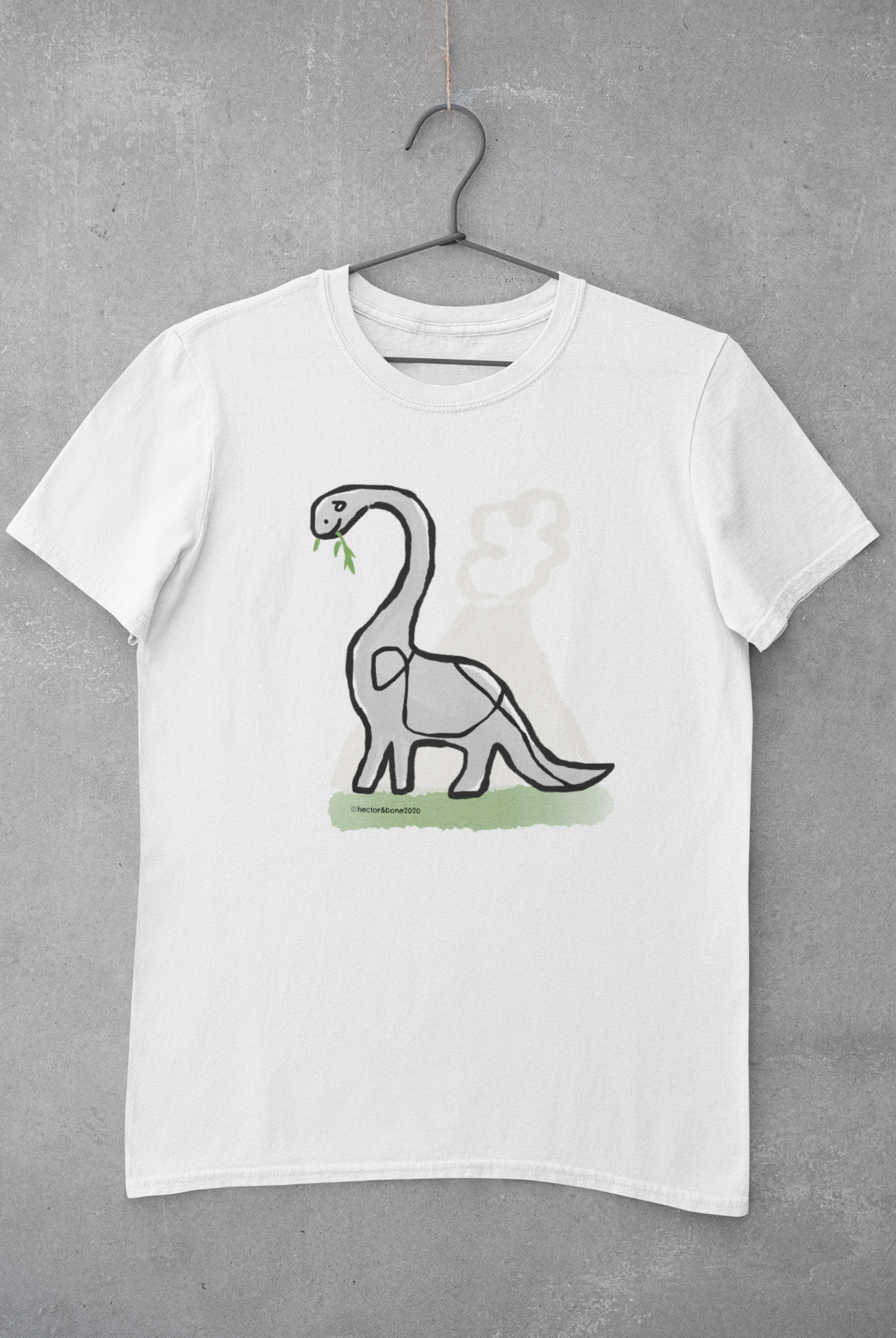 A cute derek dinosaur illustrated design by hector and bone on a white t-shirt