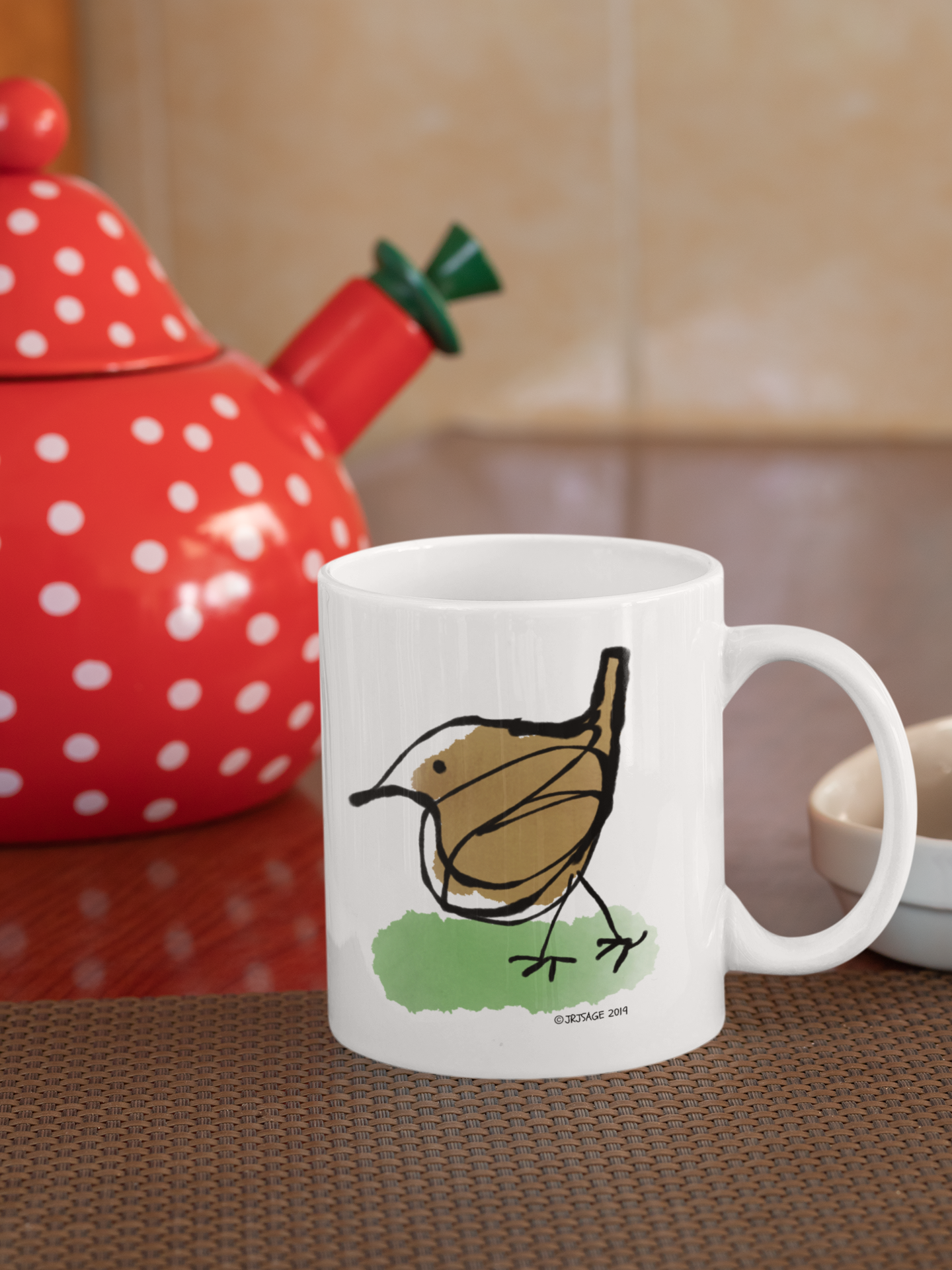 A Jenny Wren bird cute hand drawn illustrated design by Hector and Bone white tea and coffee mug