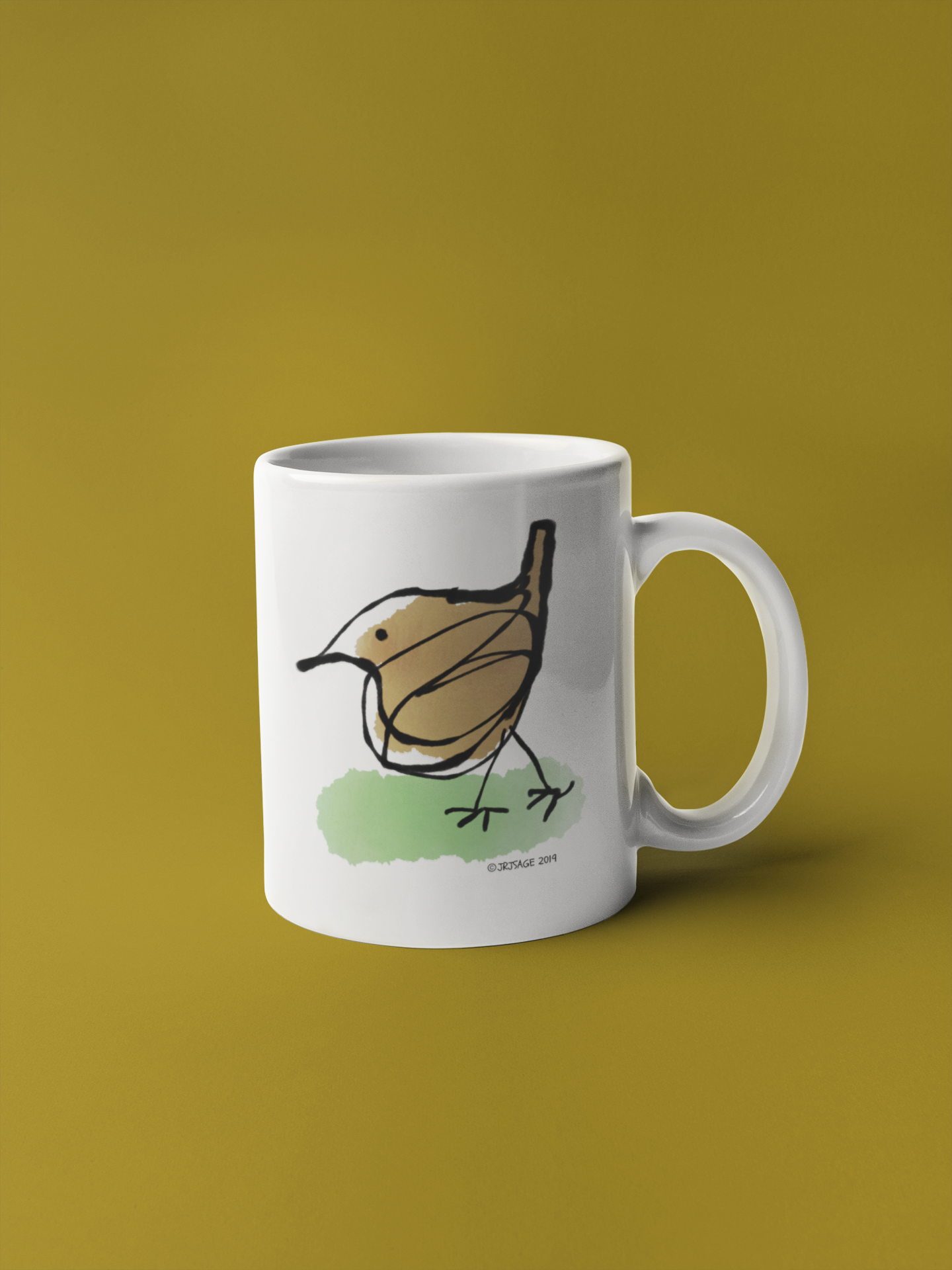 A Jenny Wren bird cute hand drawn illustrated mug design by Hector and Bone