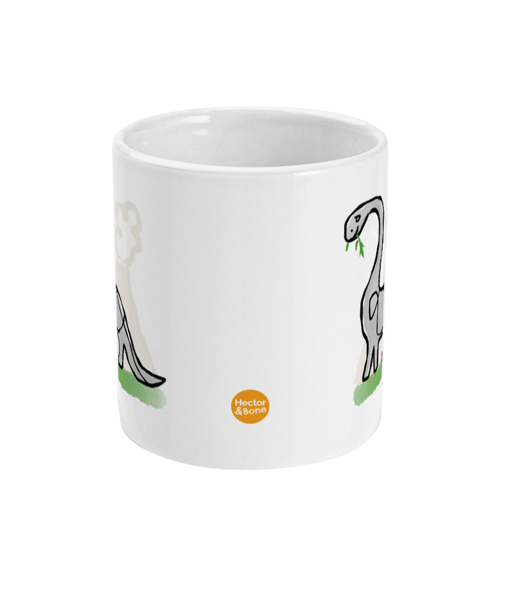 Derek Dinosaur design coffee mug by Hector and Bone Front View