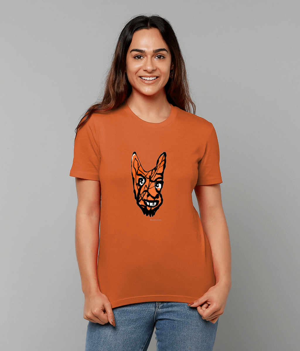 Devil T-shirt - Young woman wearing Cheeky Little Devil illustrated orange vegan cotton t-shirts by Hector and Bone