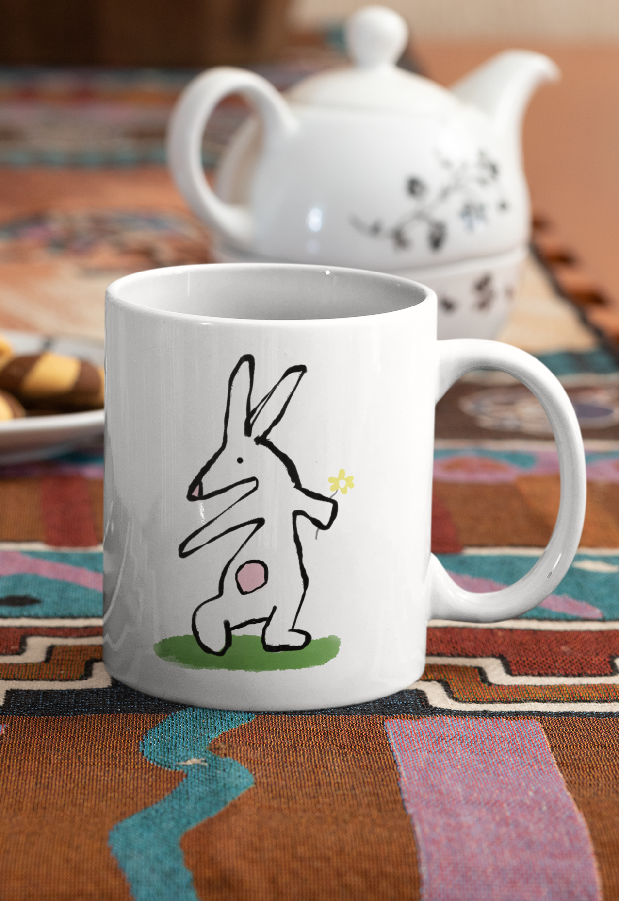 Illustrated Flower Bunny mug Rabbit design on a table - Design by Hector and Bone