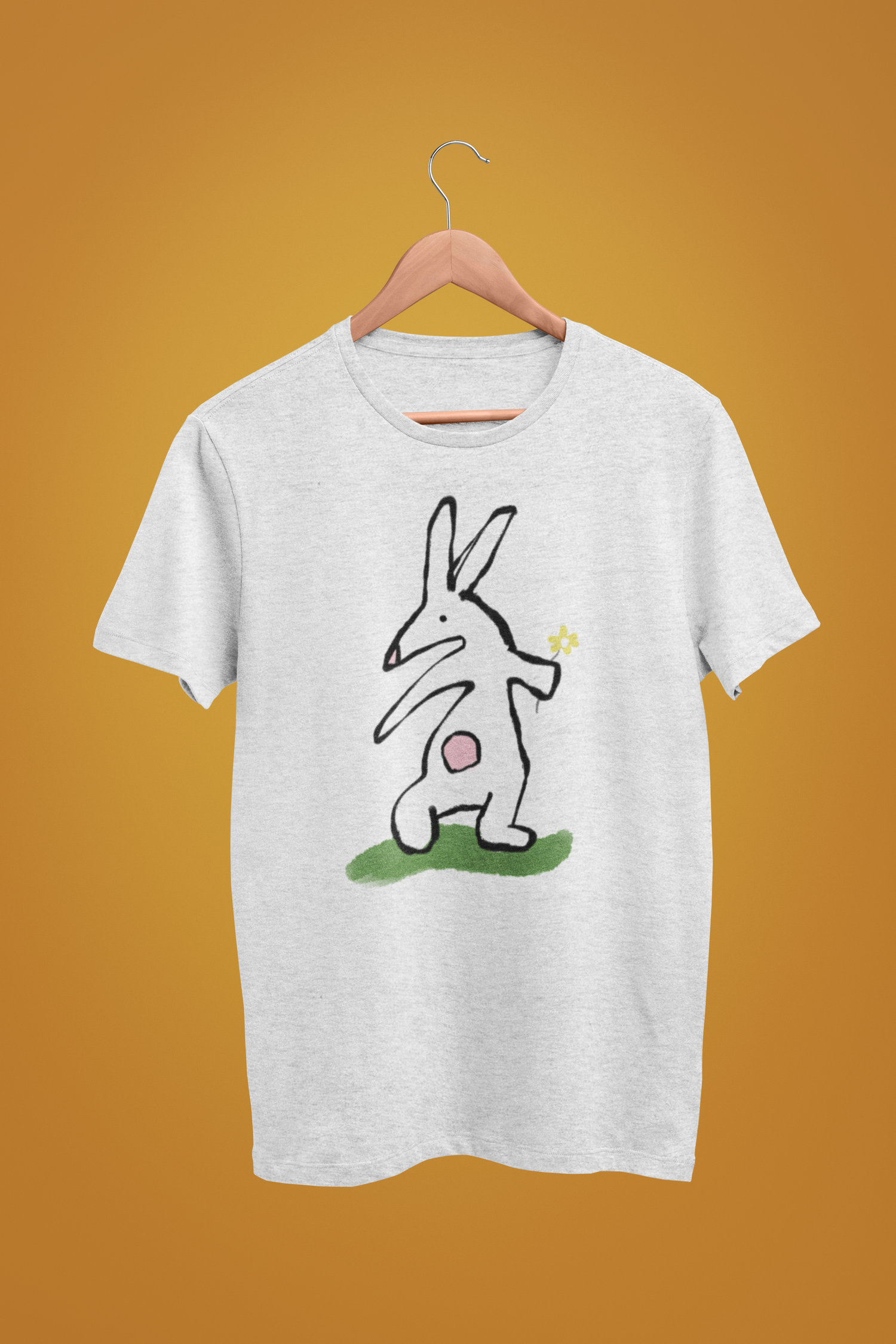 Bunny T-shirt - Illustrated rabbit holding a flower design on cream heather grey vegan cotton t-shirt - Easter Bunny t-shirts by Hector and Bone