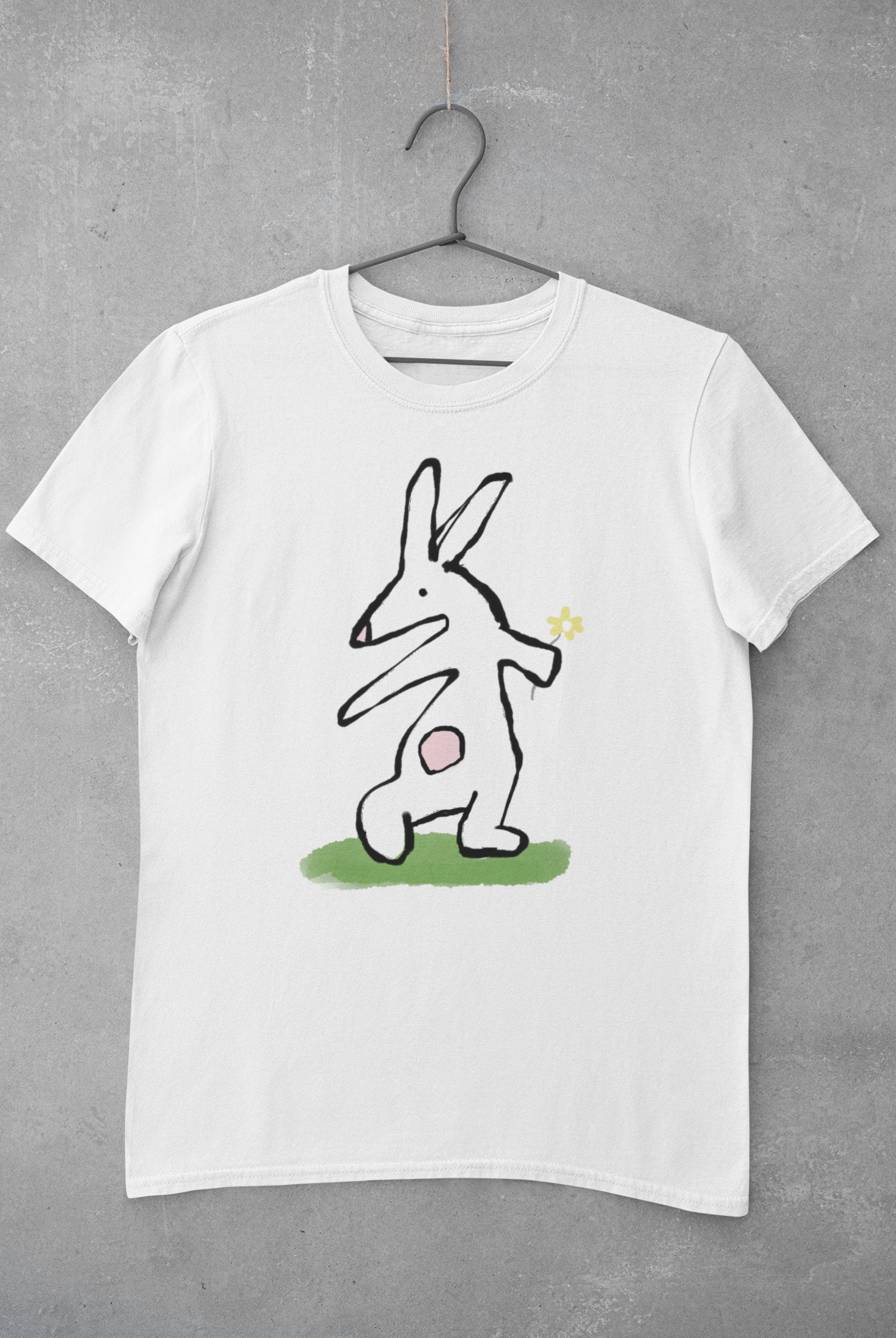 Bunny T-shirt - Illustrated rabbit holding a flower design on white vegan cotton - Easter Bunny t-shirts by Hector and Bone