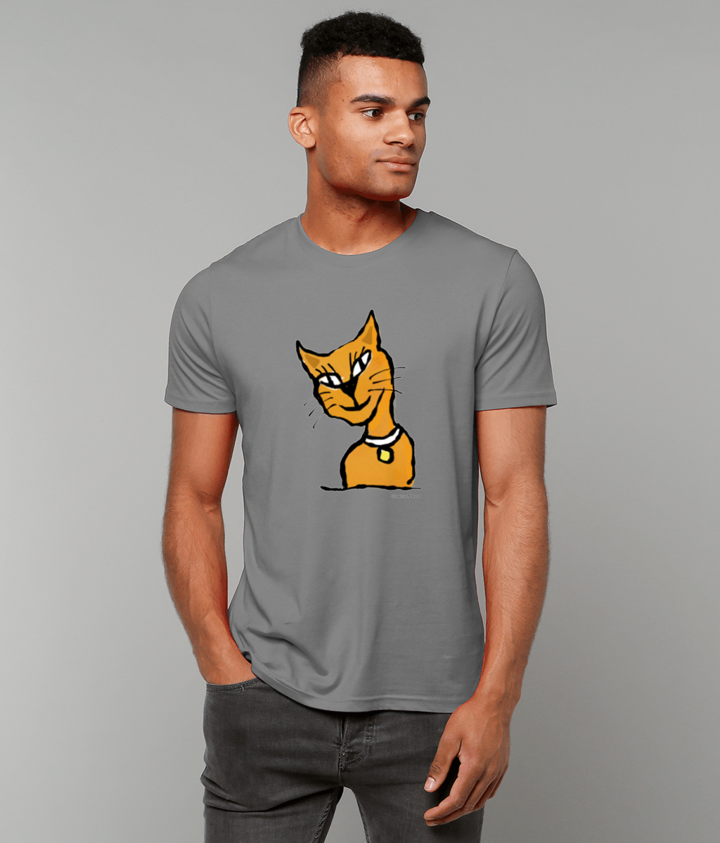 Ginger Cat T-shirt - Young man wearing an Illustrated grey colour vegan cotton Cat T-shirt by Hector and Bone