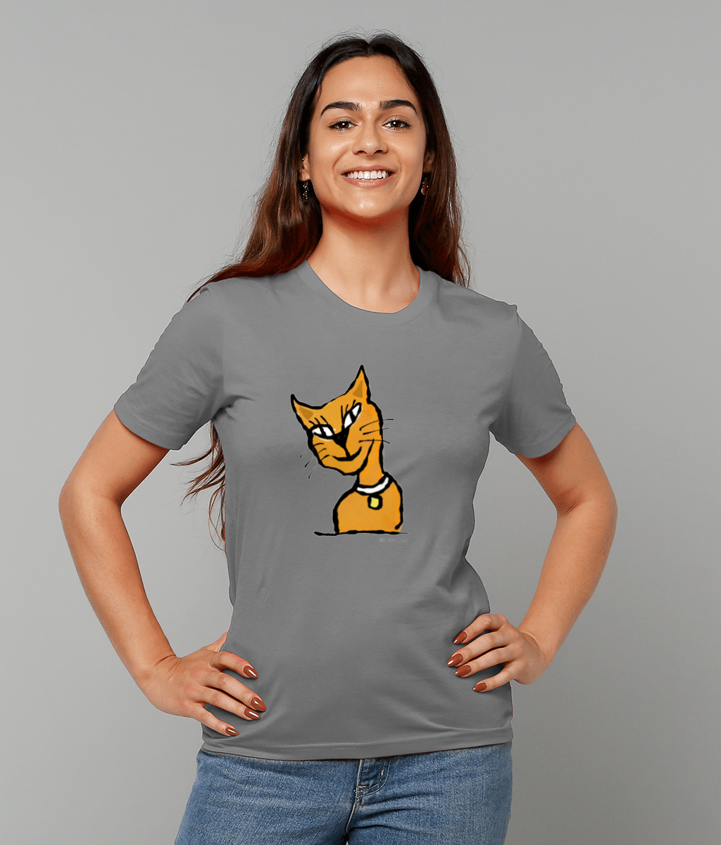 Ginger Cat T-shirt - Young woman wearing an Illustrated grey colour vegan cotton Cat T-shirt by Hector and Bone