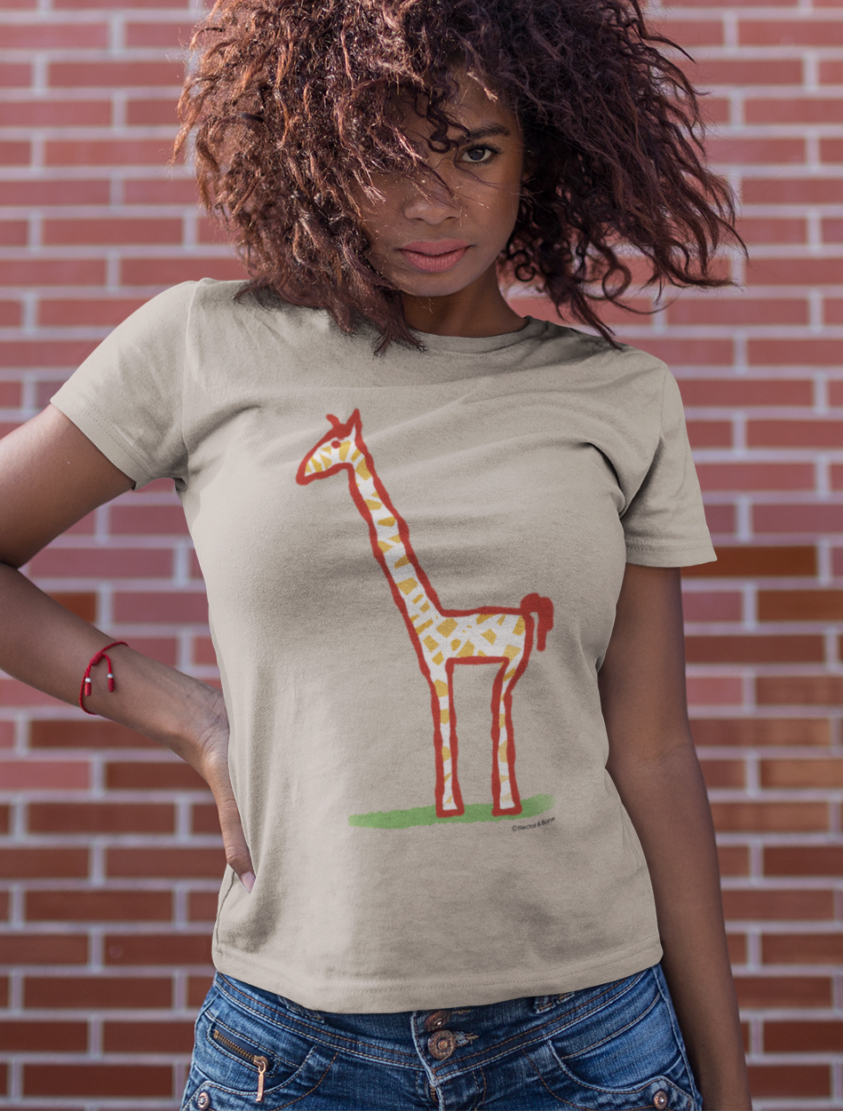Young woman wearing a Giraffe t-shirt - Illustrated Jeffrey Giraffe vegan desert dust colour cotton t-shirts by Hector and Bone