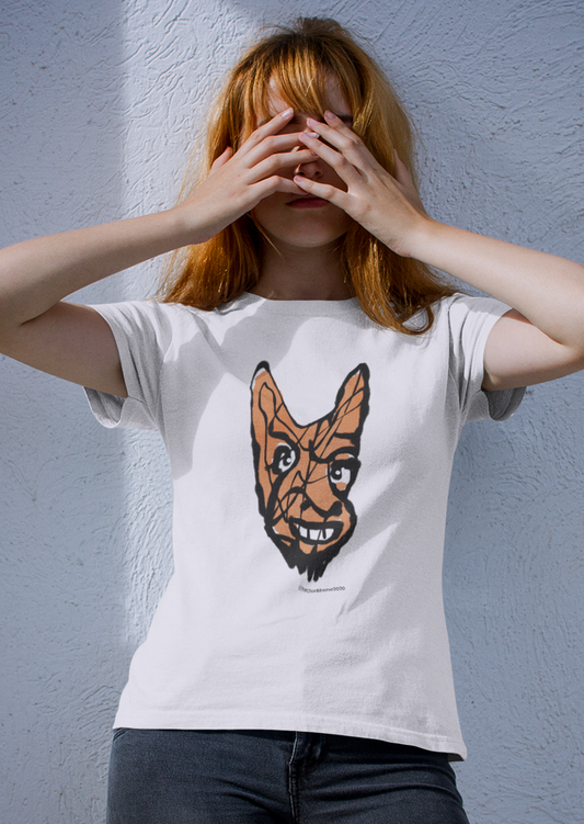 Young woman wearing a Cheeky Little Devil Halloween original illustrated White Hector and Bone cotton t-shirt