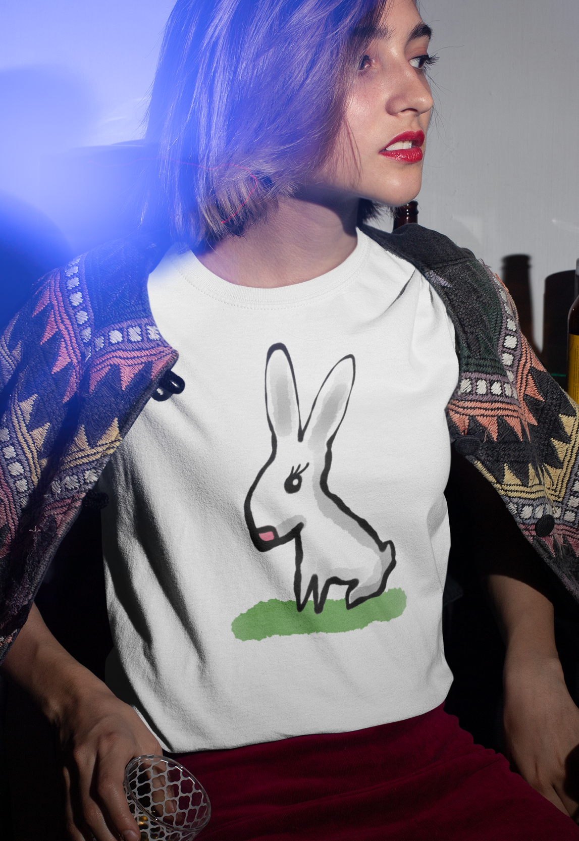 Young woman wearing a Cute Bunny T-shirt design on white vegan cotton t-shirts by Hector and Bone