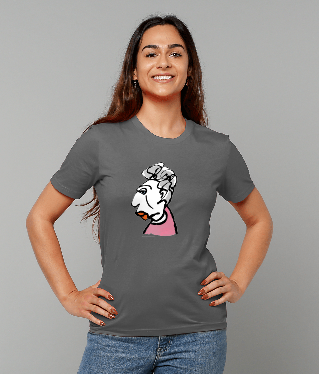 Glamorous Granny T-shirt - Young woman wearing illustrated Glamorous Granny T-shirt on dark grey by Hector and Bone