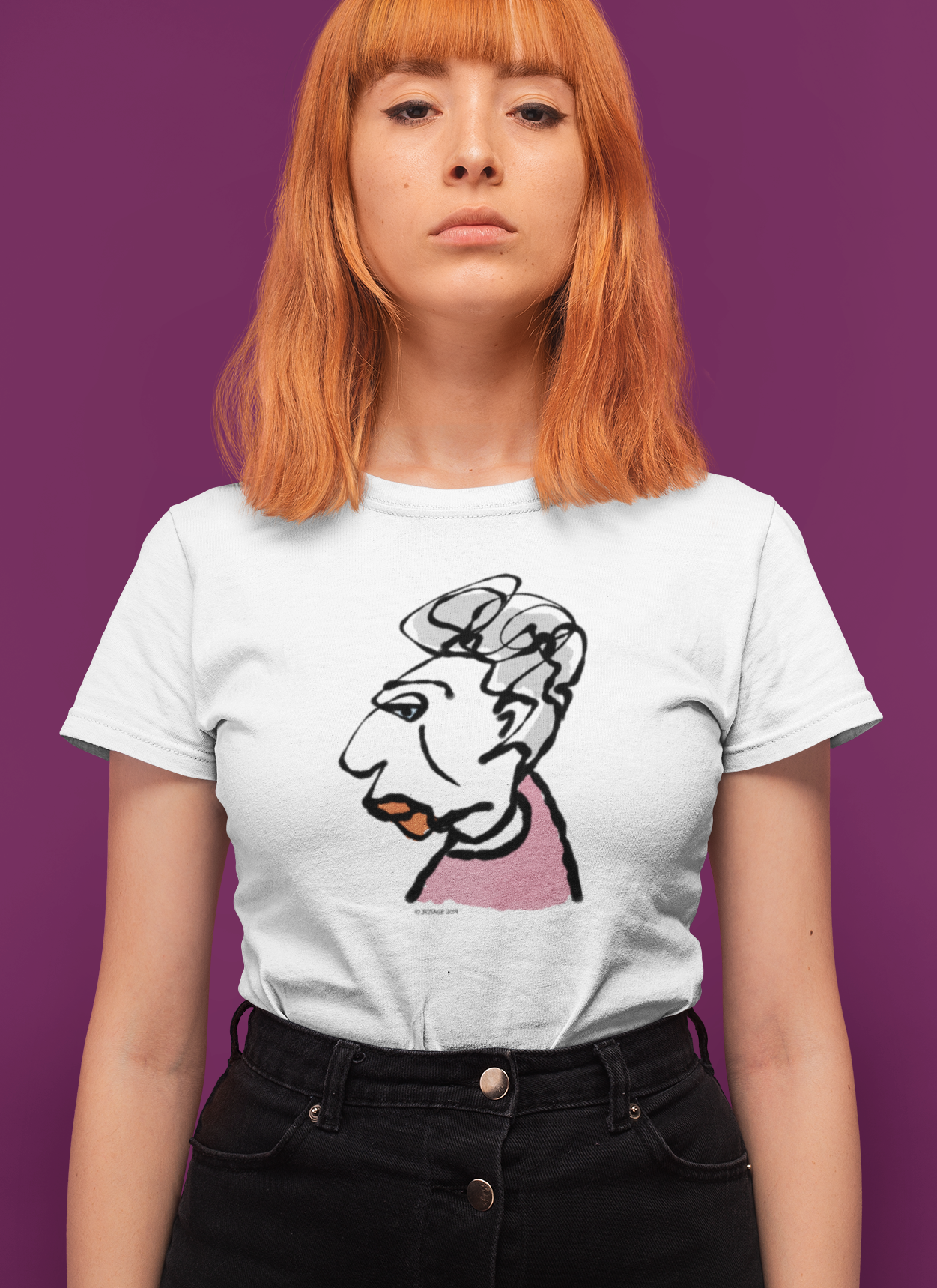 Glamorous Granny T-shirt - Young woman wearing illustrated Glamorous Granny T-shirt on classic white by Hector and Bone