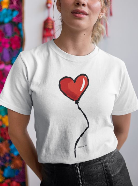 Young woman wearing a Red Heart Balloon I Love you T-shirt design printed on a white vegan cotton heart t-shirt by Hector and Bone