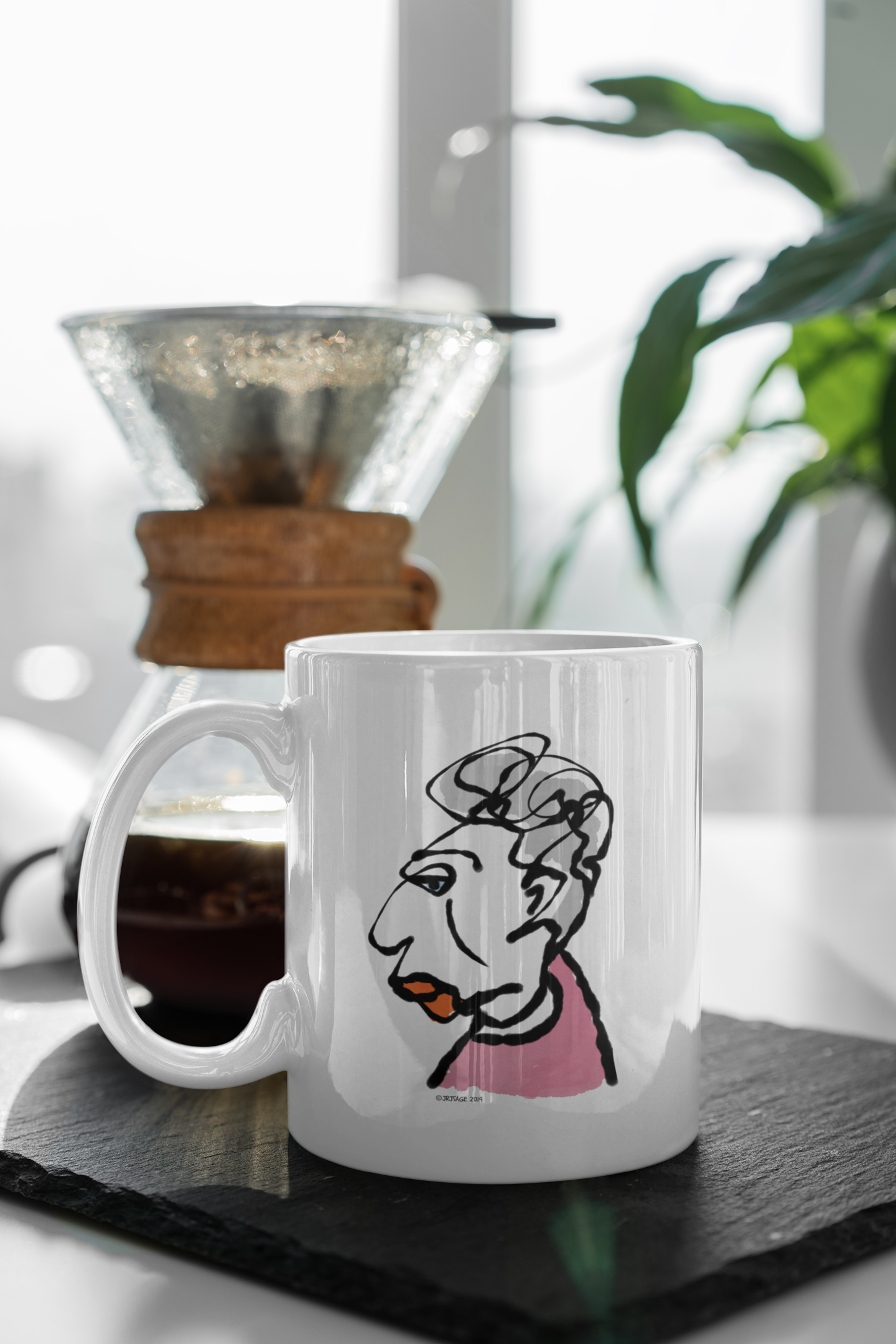 Glamorous Granny illustration on a white ceramic mug by Hector and Bone on a table