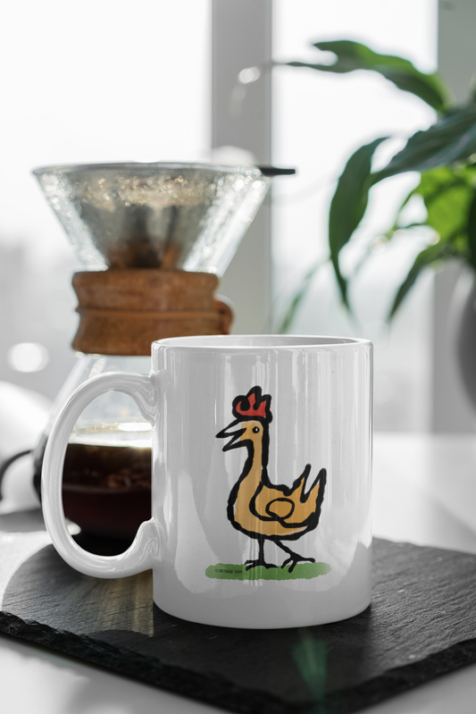 Cute Happy Chicken Coffee Mug illustrated design on a quality ceramic mug by Hector and Bone on a table
