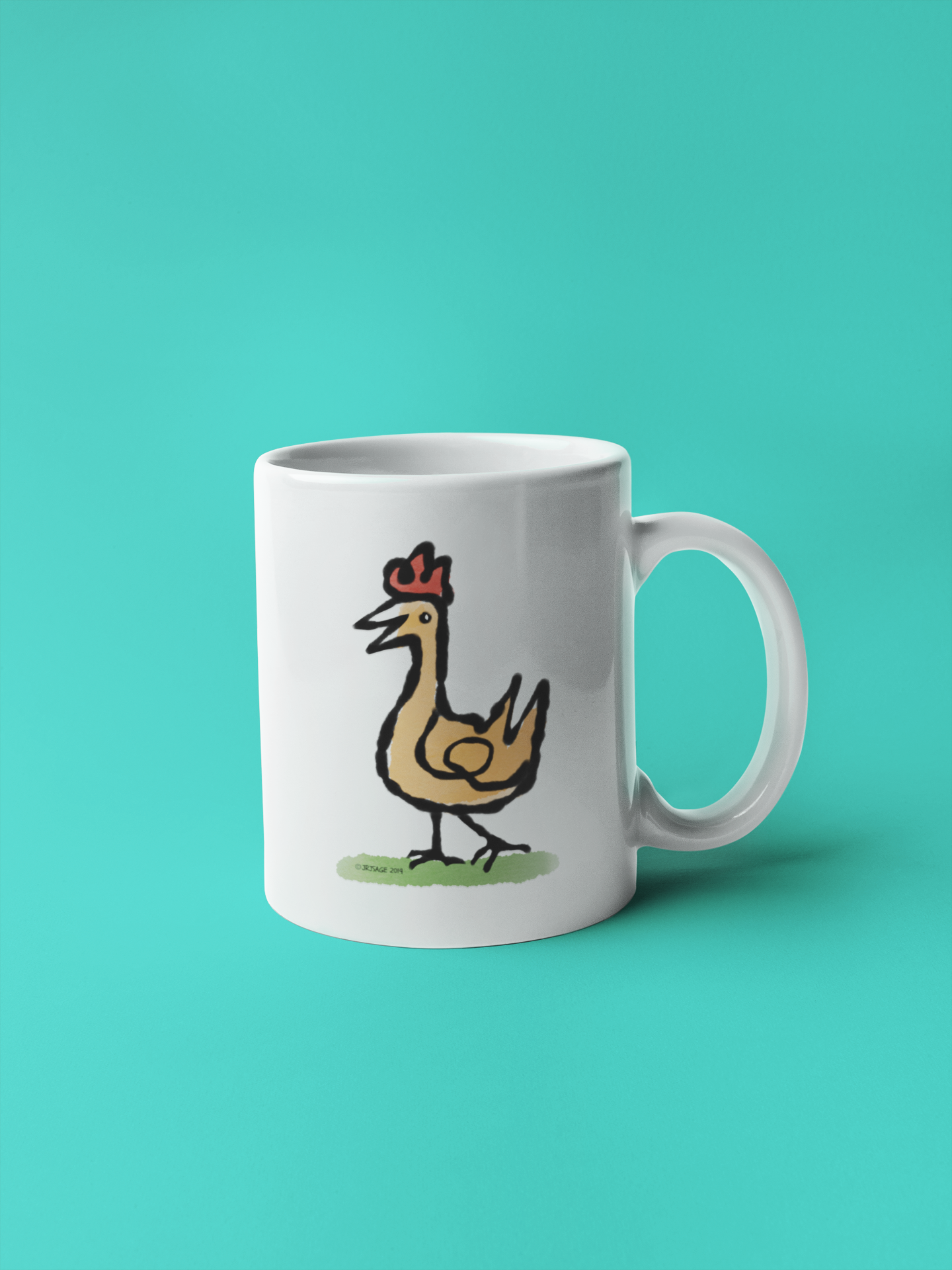 Cute Happy Chicken Coffee Mug illustrated design on a quality ceramic mug by Hector and Bone
