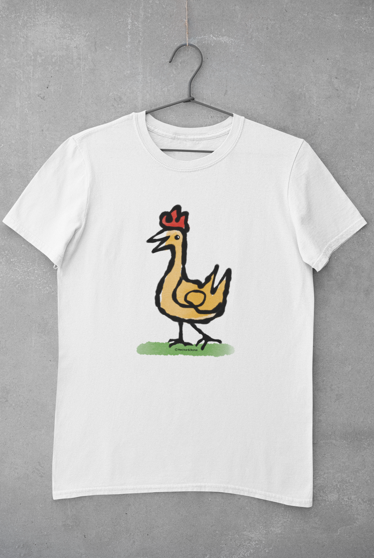 Happy Chicken T-shirt - Illustrated Funny Chicken design on classic white vegan t-shirts by Hector and Bone