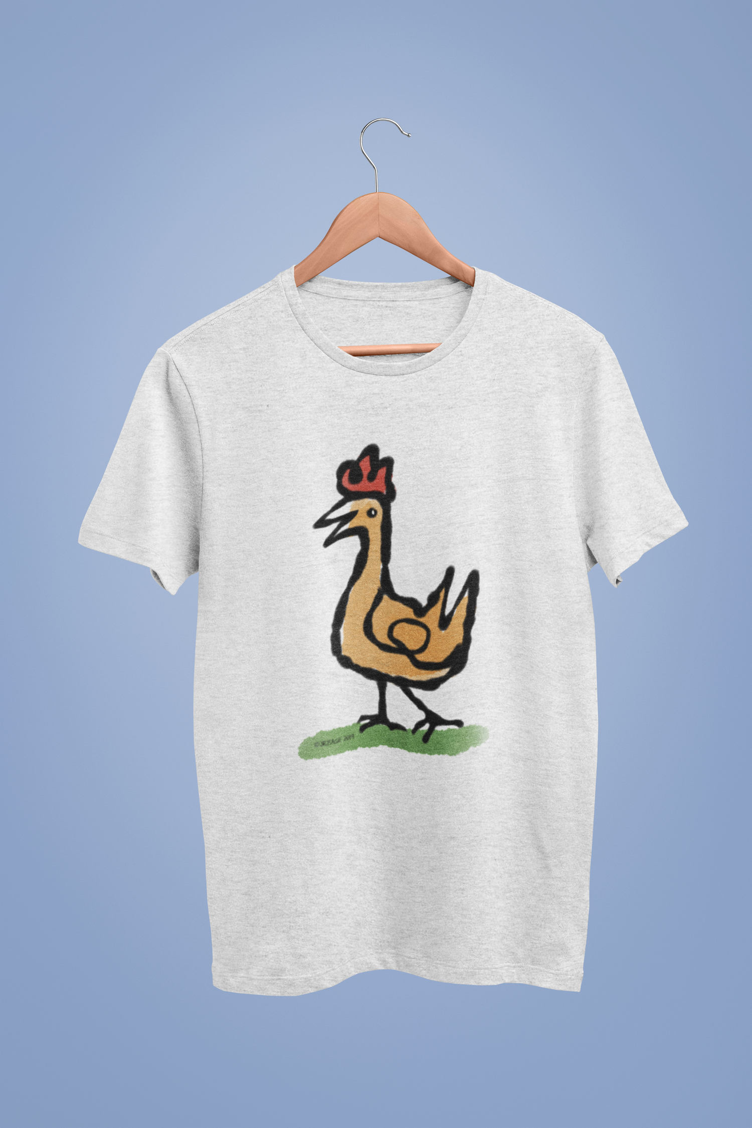 Happy Chicken T-shirt - Illustrated Funny Chicken design on Cream heather grey colour vegan cotton t-shirts by Hector and Bone