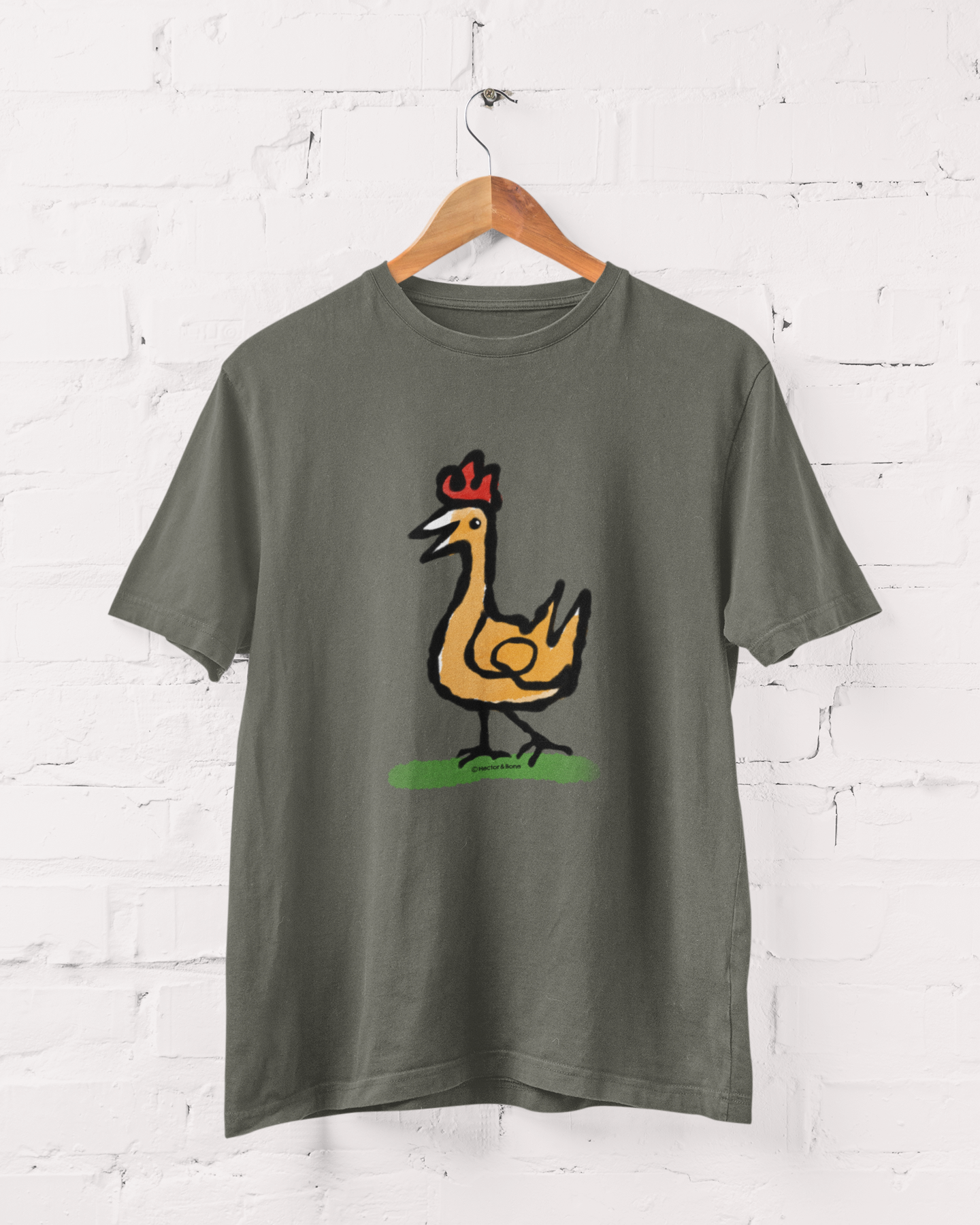 Happy Chicken T-shirt - Illustrated Funny Chicken design on khaki colour vegan t-shirts by Hector and Bone