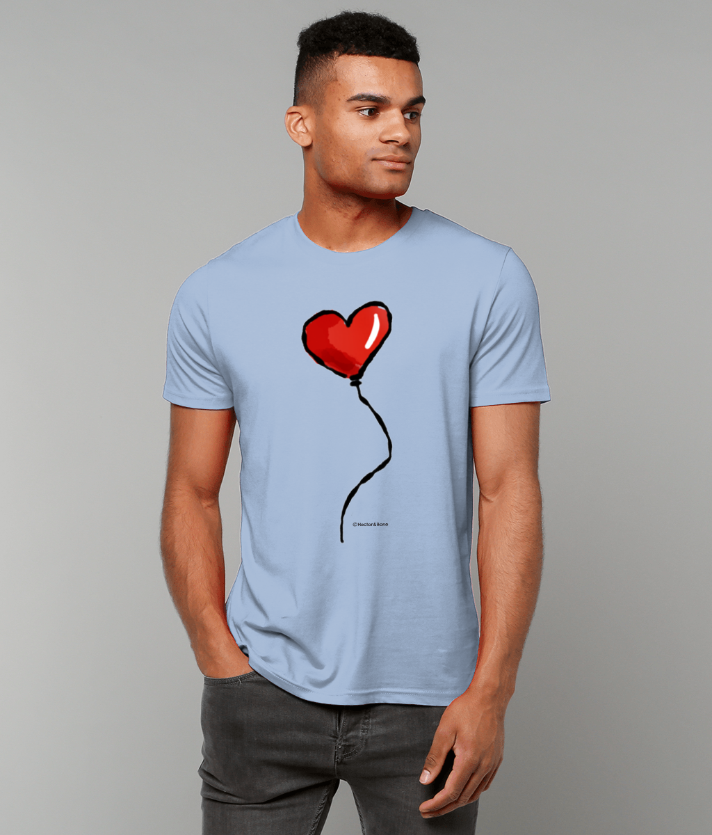 Young man wearing a Red Heart Balloon I Love you T-shirt design printed on a sky blue colour vegan cotton love t-shirt by Hector and Bone
