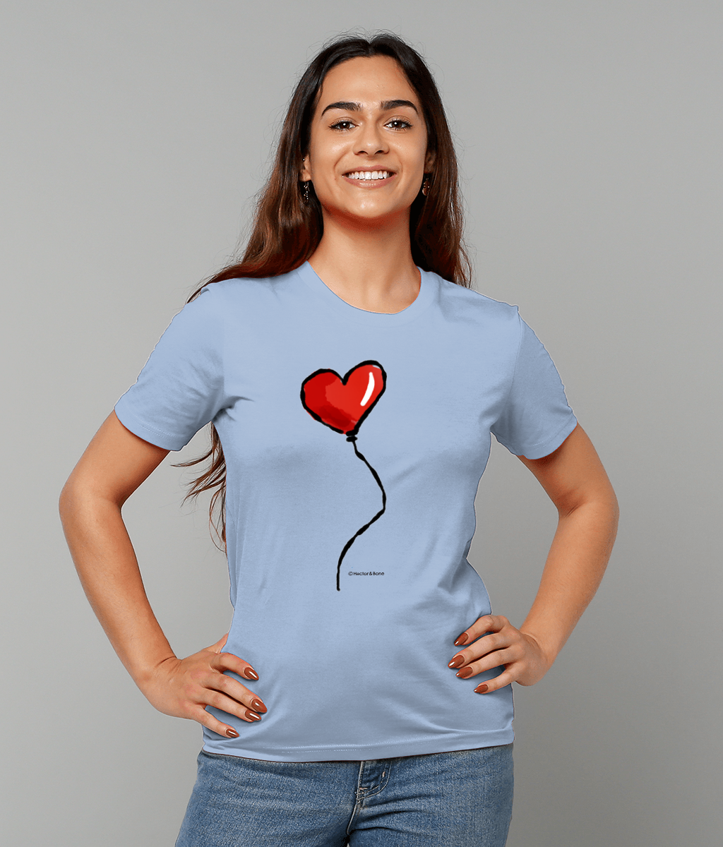 Woman wearing a Red Heart Balloon I Love you T-shirt design printed on a light blue vegan cotton t-shirt by Hector and Bone