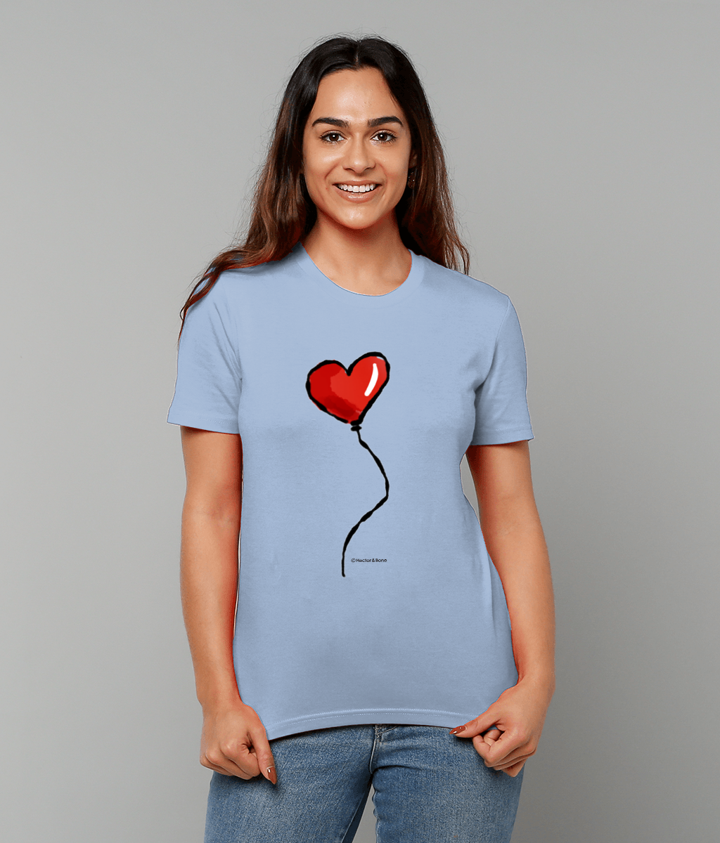Woman wearing a Red Heart Balloon I Love you T-shirt design printed on a vegan cotton t-shirt by Hector and Bone