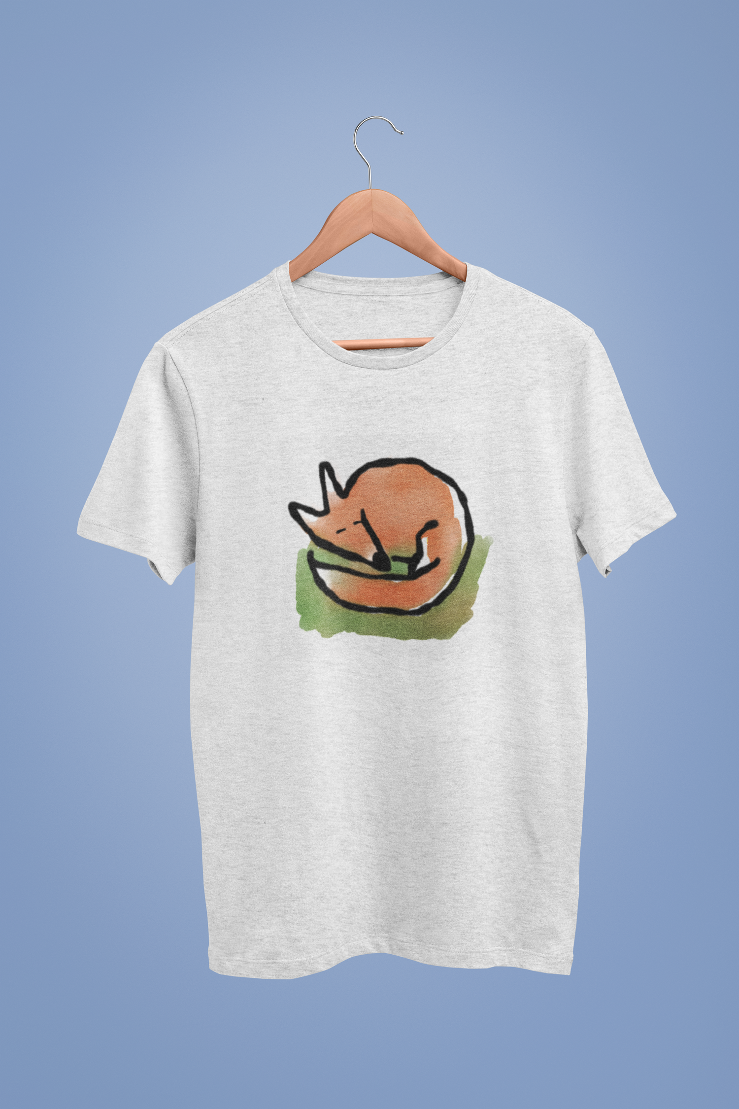 Sleeping Fox T-shirt in mid heather grey vegan cotton. Illustrated original cute fox t-shirt design by Hector and Bone
