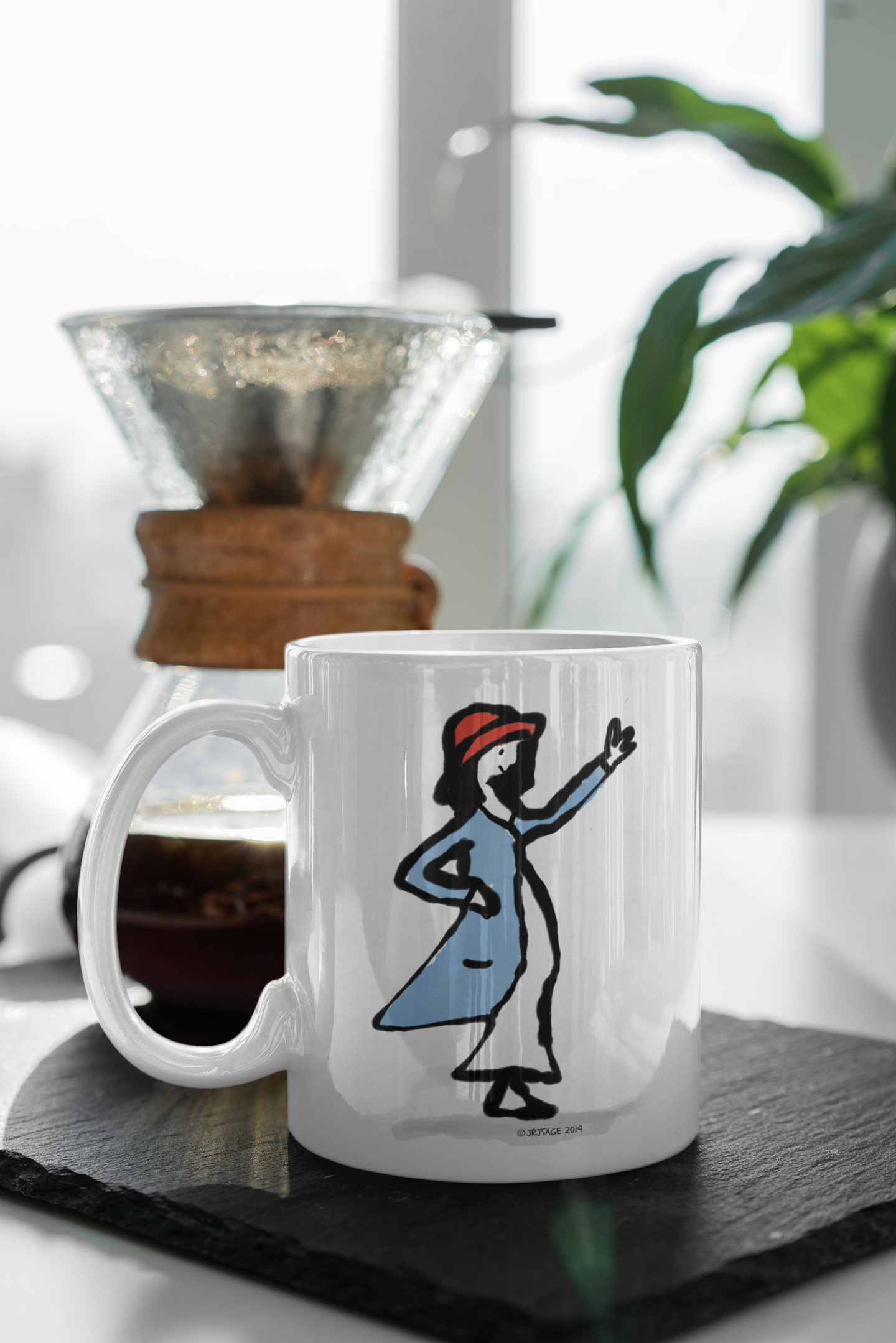 Waving Girl mug design - Original illustrated waving girl coffee mugs by Hector and Bone in kitchen
