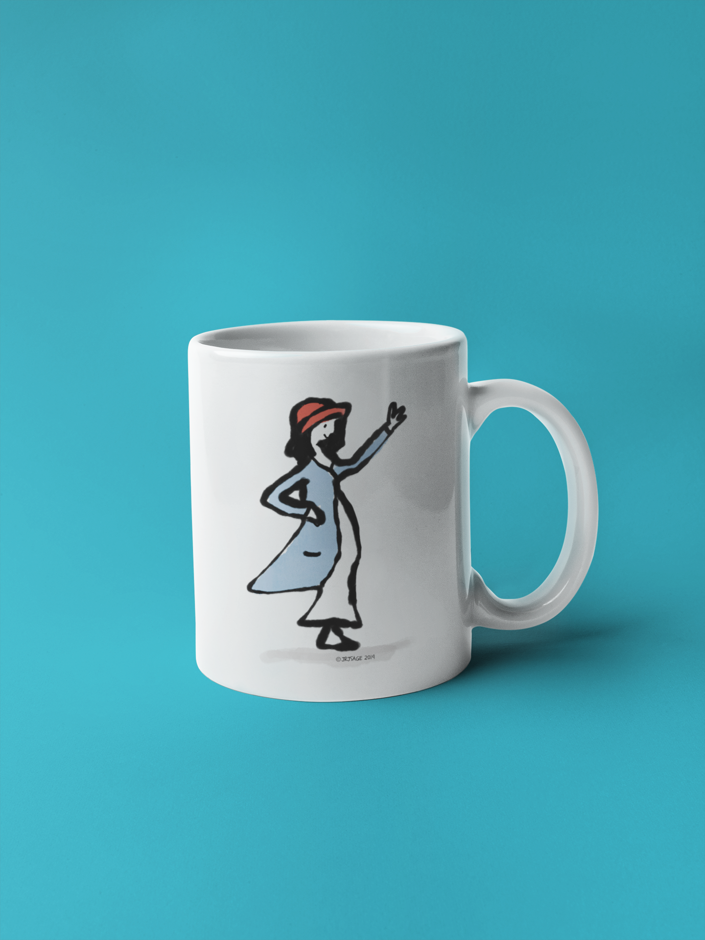 Waving Girl mug design - Original illustrated waving girl coffee mugs by Hector and Bone