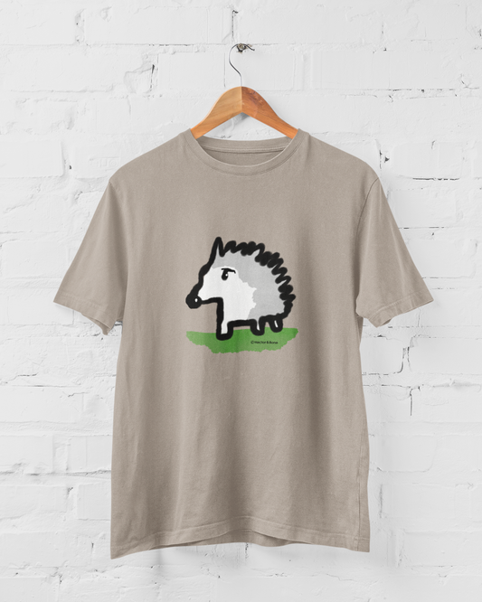 Hedgehog T-shirt - Illustrated Baby Hedgehog t-shirts on desert dust colour vegan cotton by Hector and Bone
