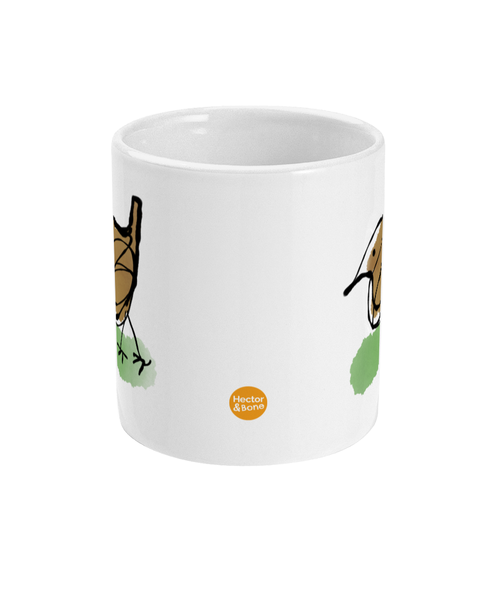 Little Jenny Wren design coffee mug by Hector and Bone Front View