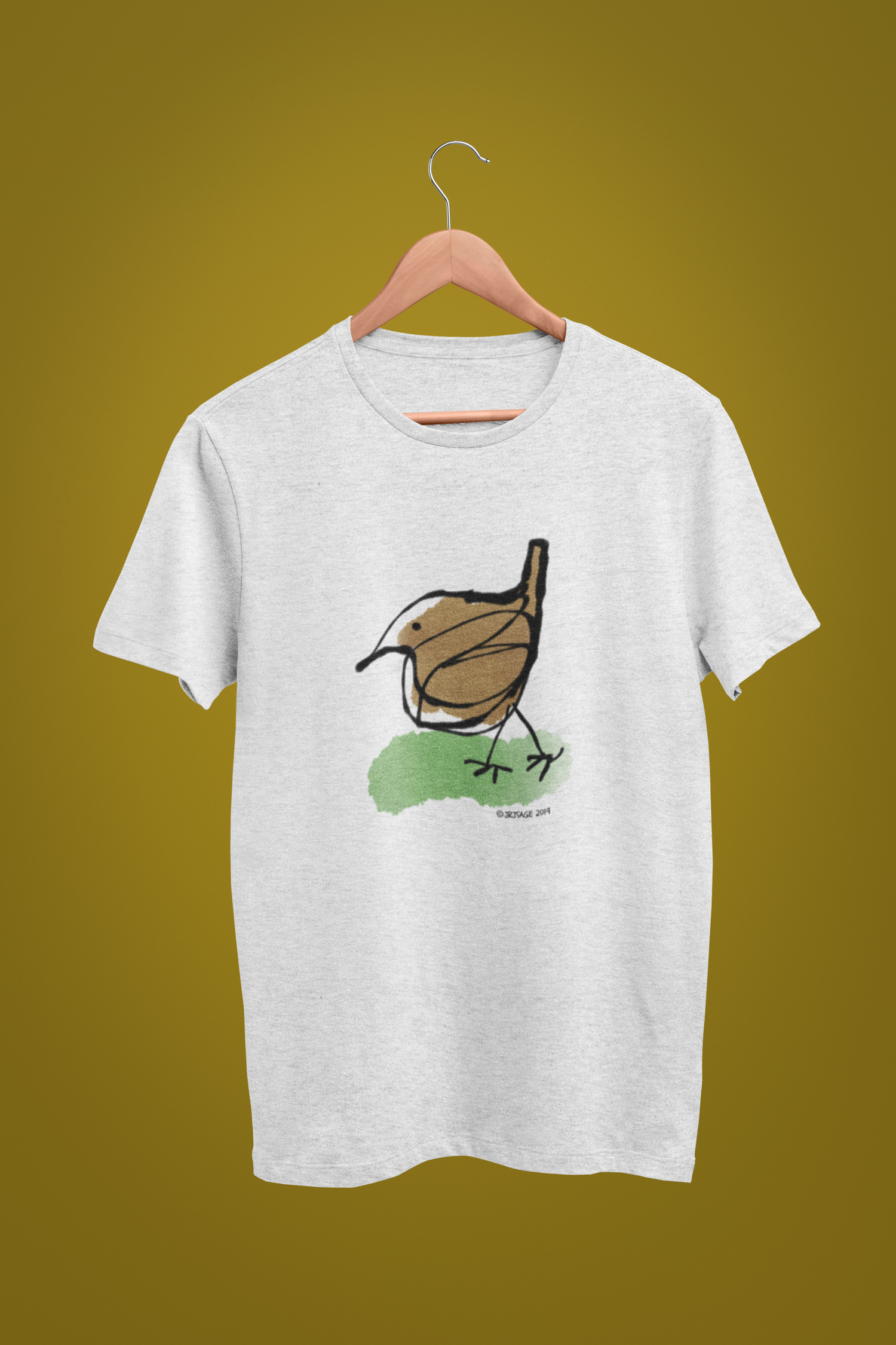 Jenny Wren T-shirt - Ilustrated little Jenny Wren bird t-shirts on cream heather grey colour vegan cotton t-shirts by Hector and Bone