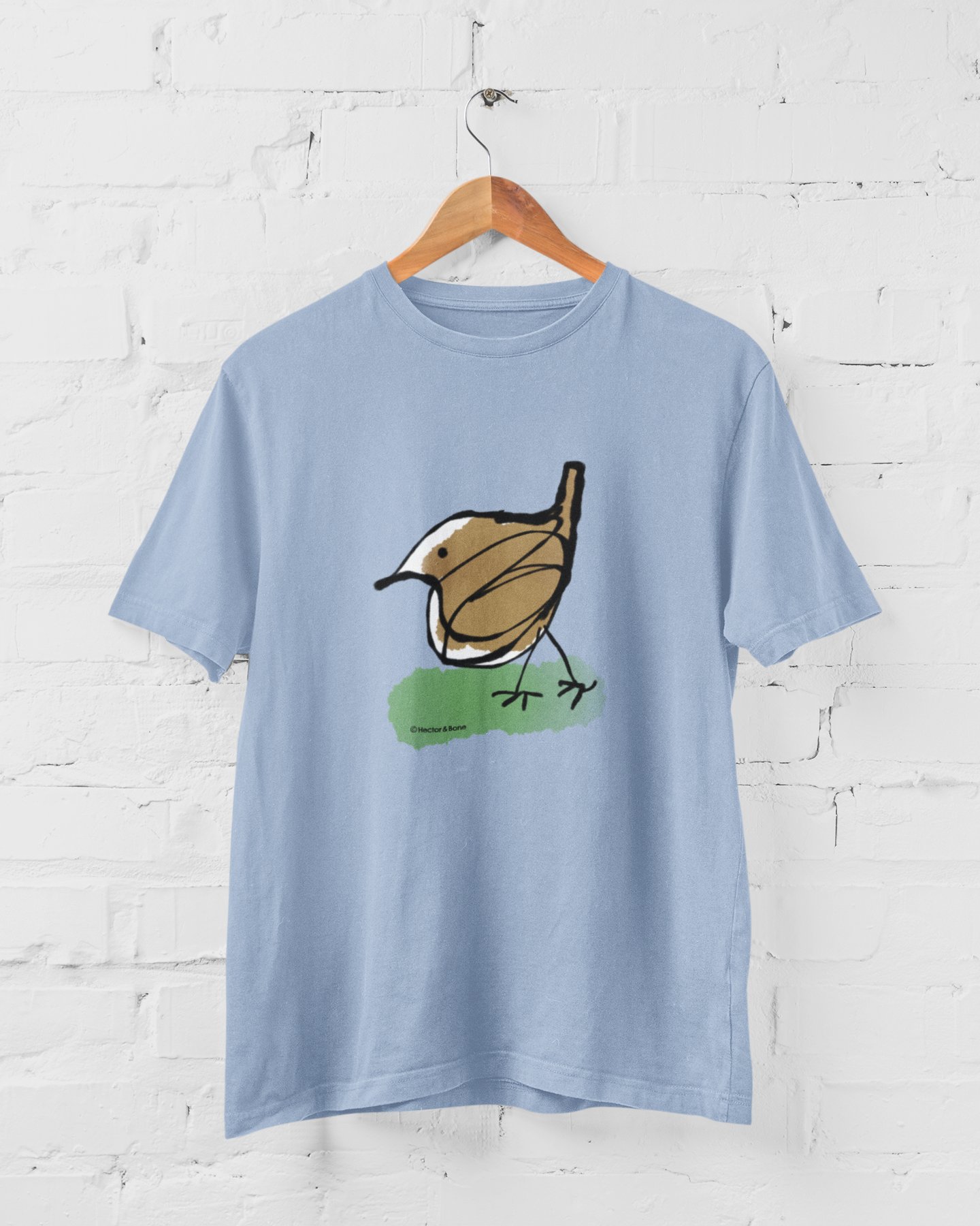 Jenny Wren T-shirt - Ilustrated little Jenny Wren bird t-shirts on sky blue colour vegan cotton t-shirts by Hector and Bone