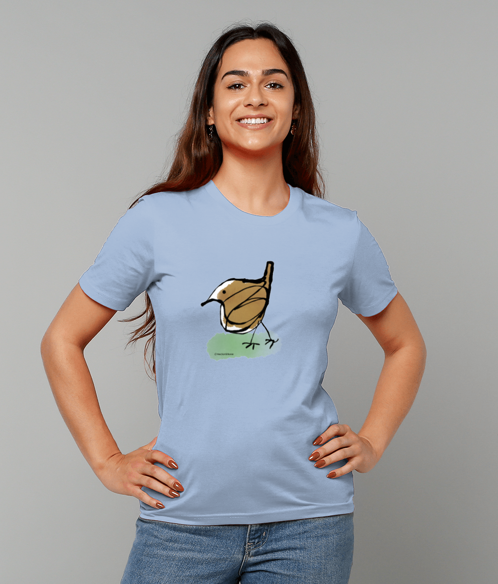 Jenny Wren T-shirt - Young woman wearing illustrated little Jenny Wren bird t-shirt on sky blue vegan cotton t-shirts by Hector and Bone