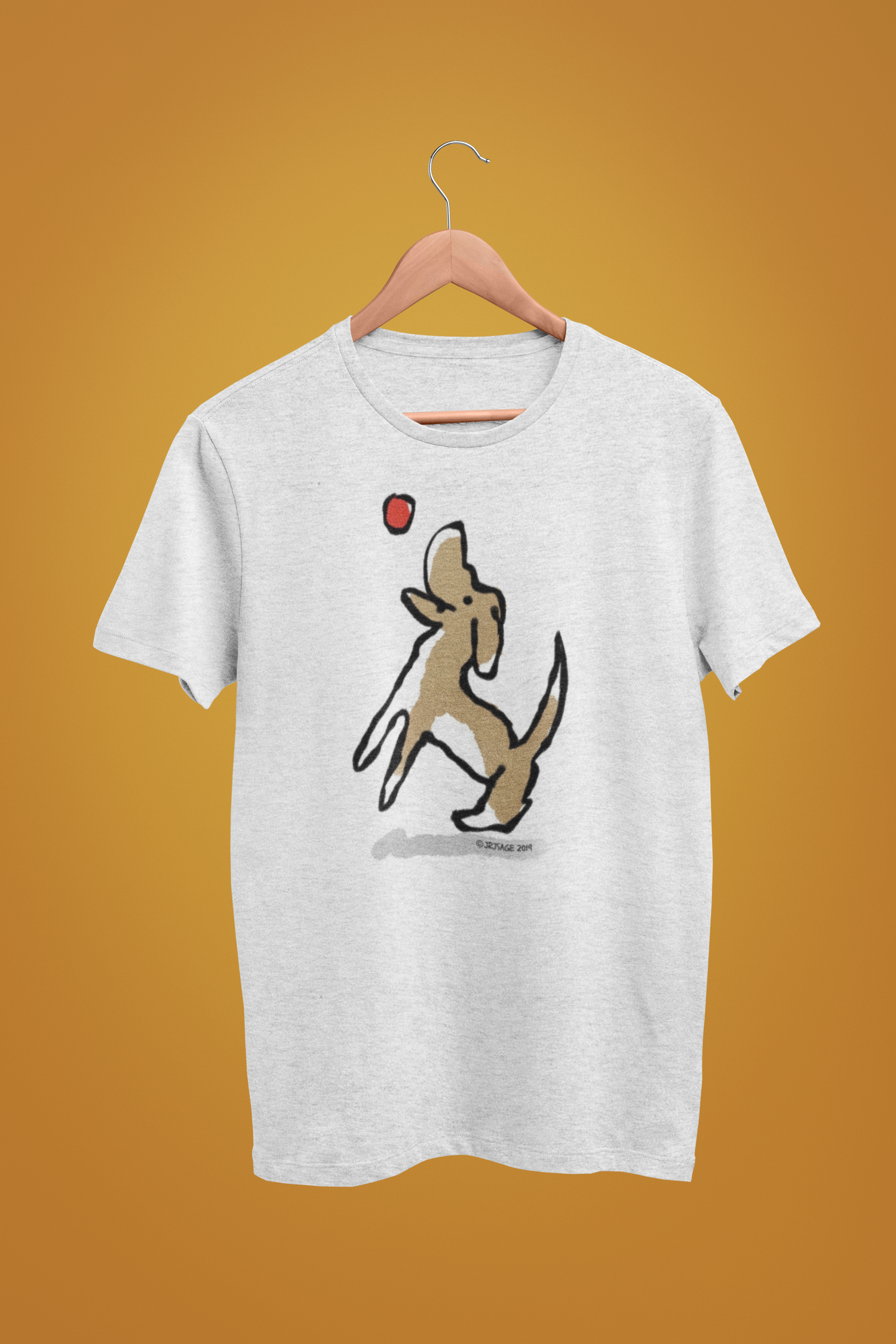Dog T-shirt - Illustrated Jumping Dog T-shirts on cream heather grey vegan cotton by Hector and Bone