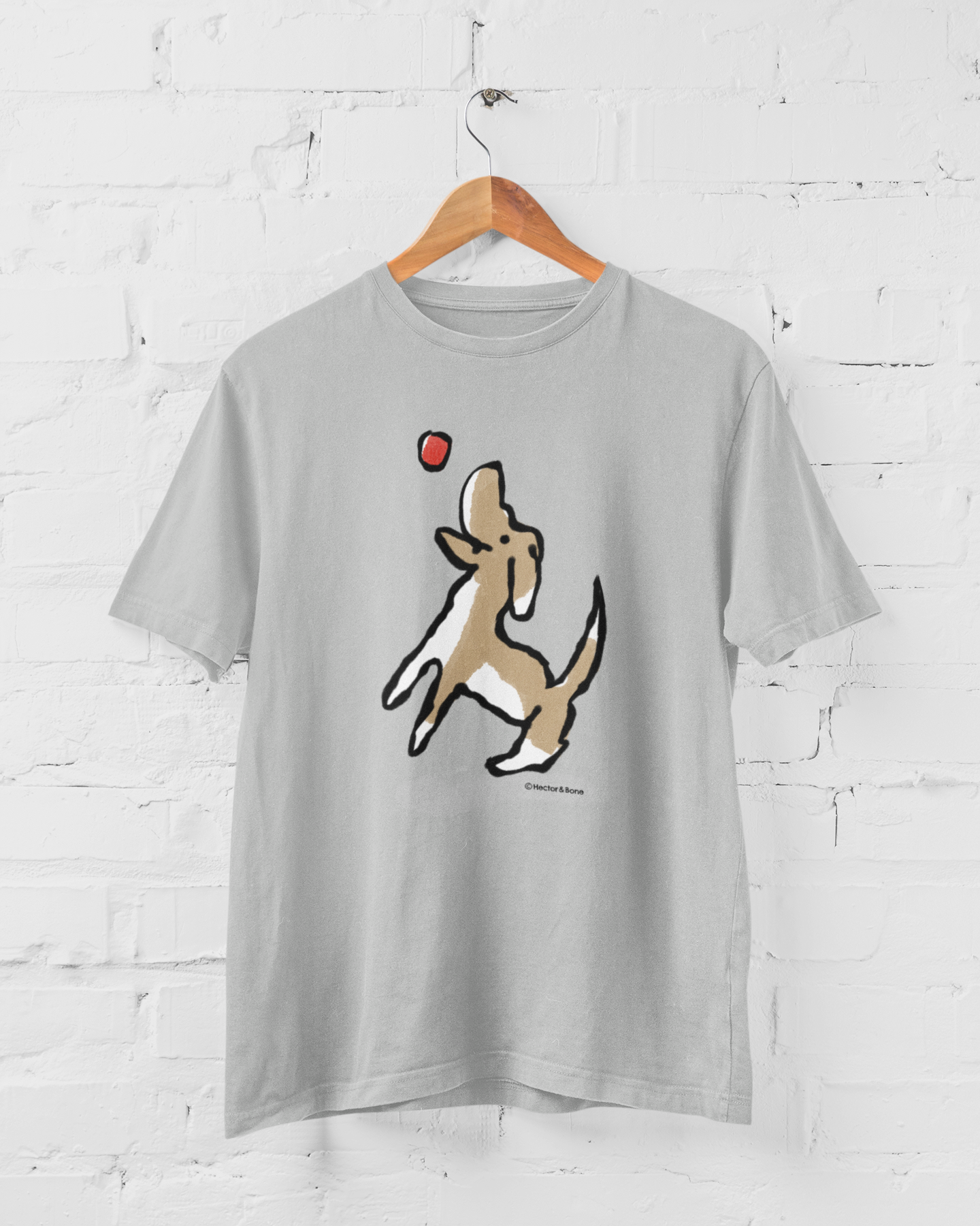 Dog T-shirt - Illustrated Jumping Dog T-shirts on heather grey vegan cotton by Hector and Bone