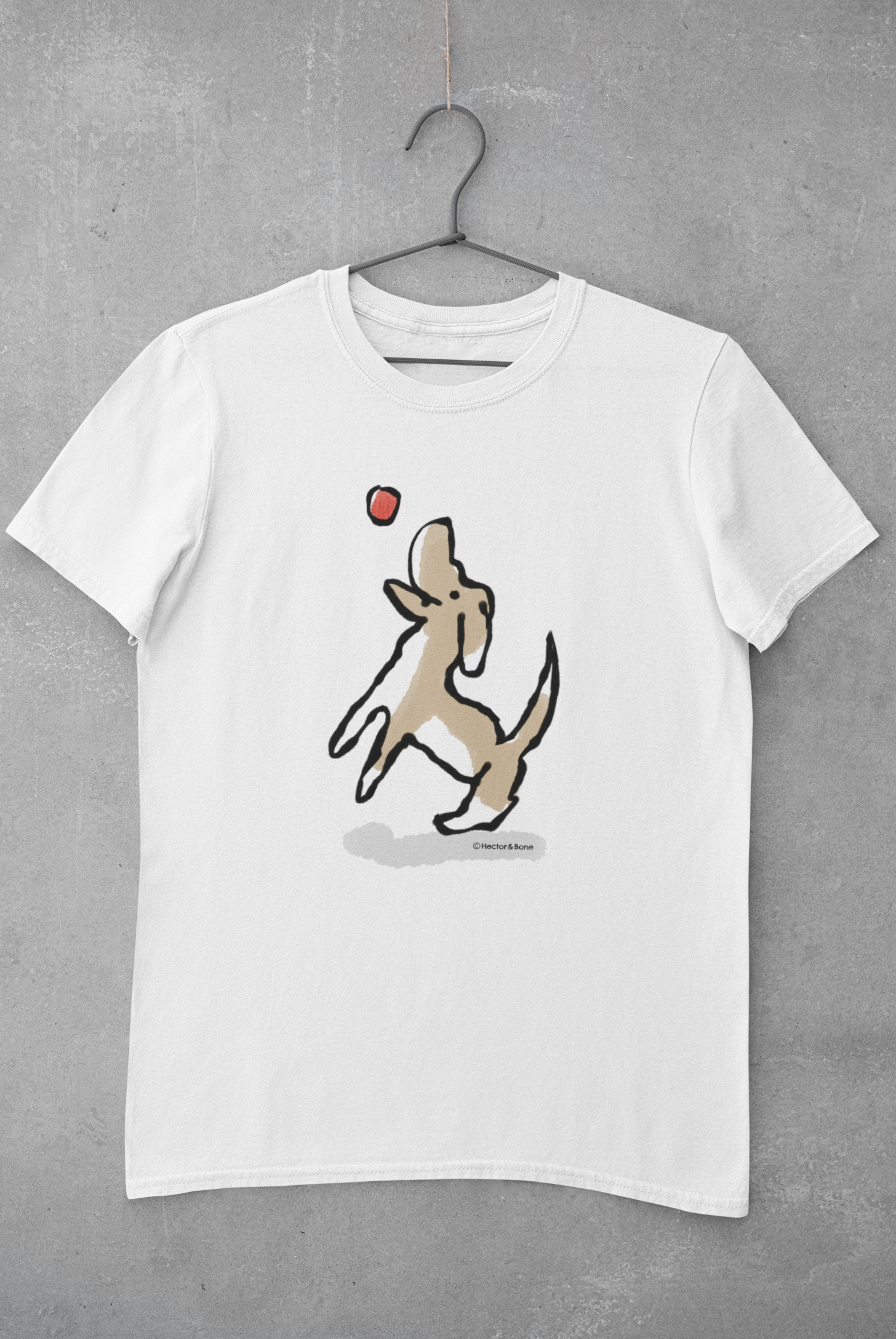 Dog T-shirt - Illustrated Jumping Dog T-shirts on white vegan cotton by Hector and Bone