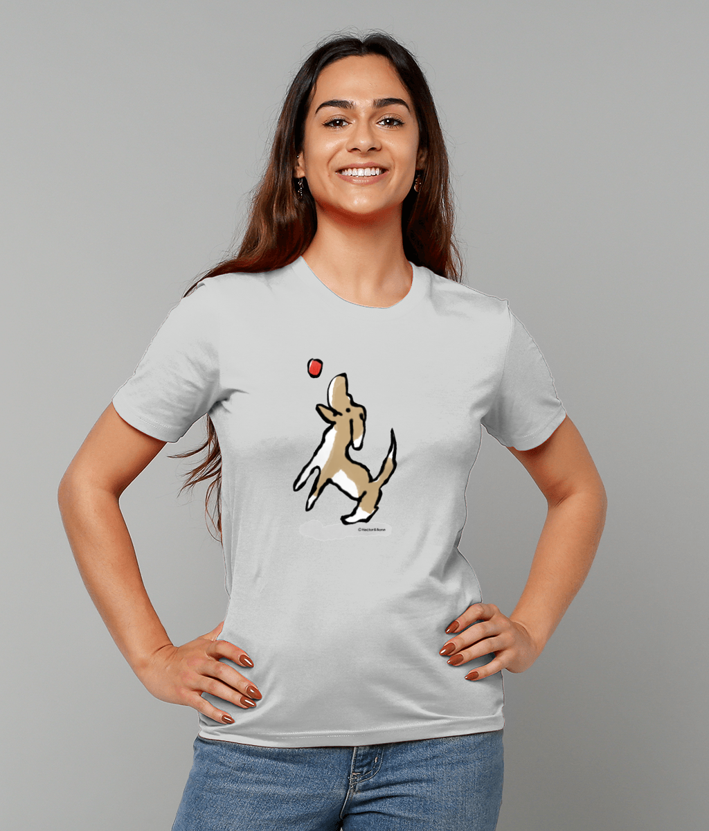 Dog T-shirt - Young woman wearing an illustrated Jumping Dog T-shirt on heather grey vegan cotton by Hector and Bone