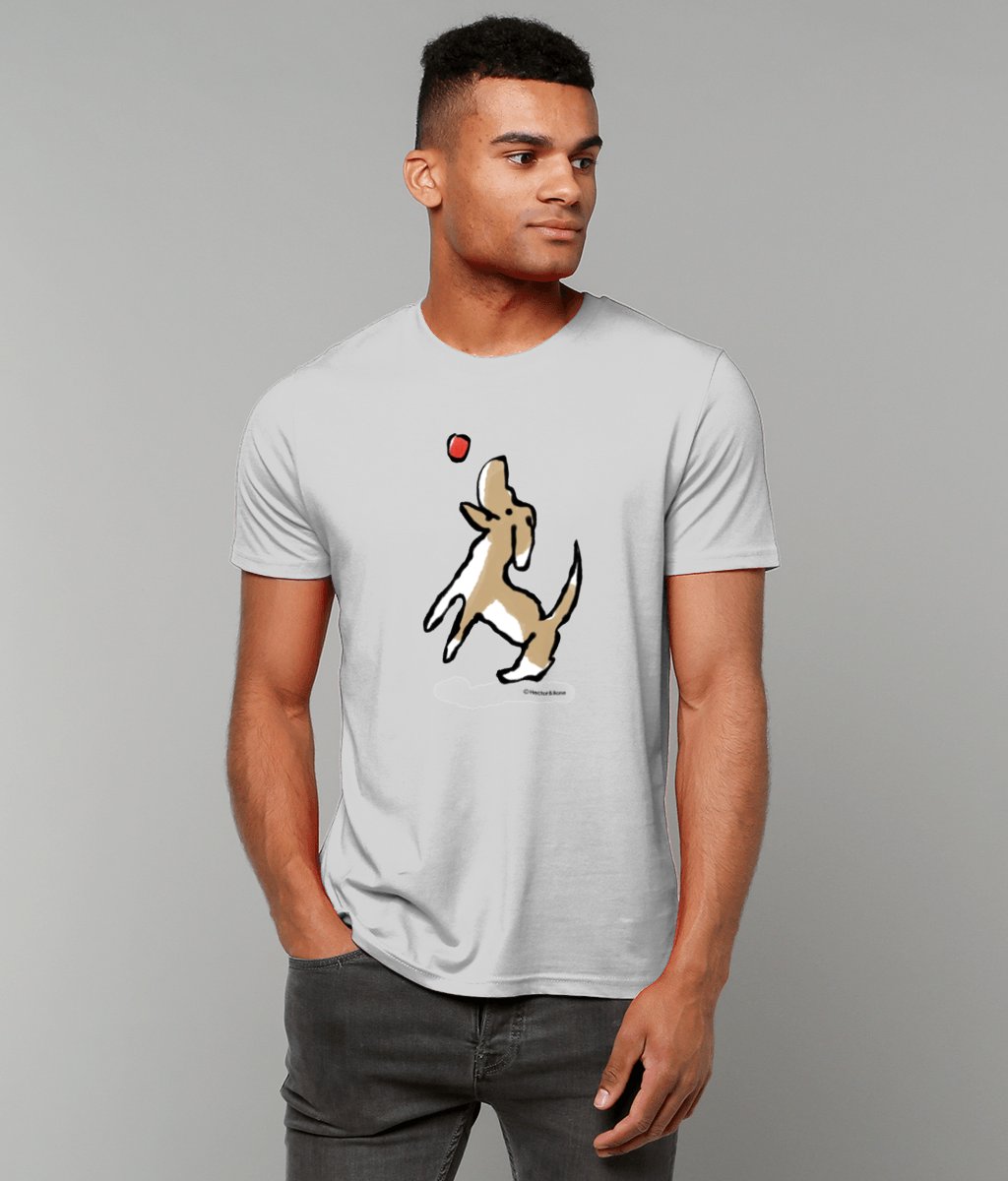 Dog T-shirt - Young man wearing an illustrated Jumping Dog T-shirt on heather grey vegan cotton by Hector and Bone