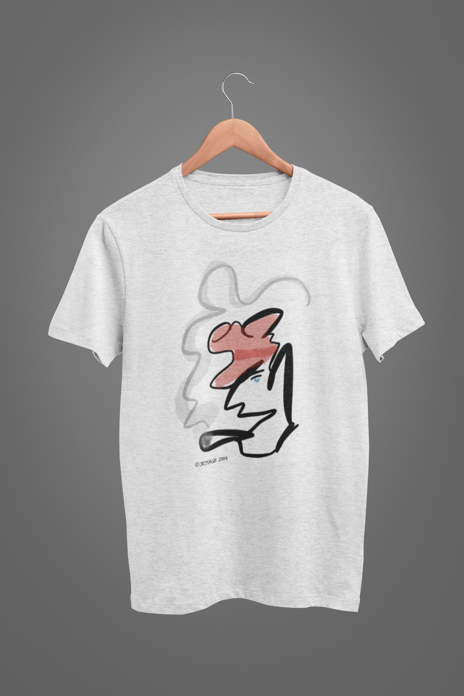 Heather grey quality vegan cotton t-shirt with Hector and Bone Parisian stylised smoking man Monsieur Gaulois illustrated t-shirt design