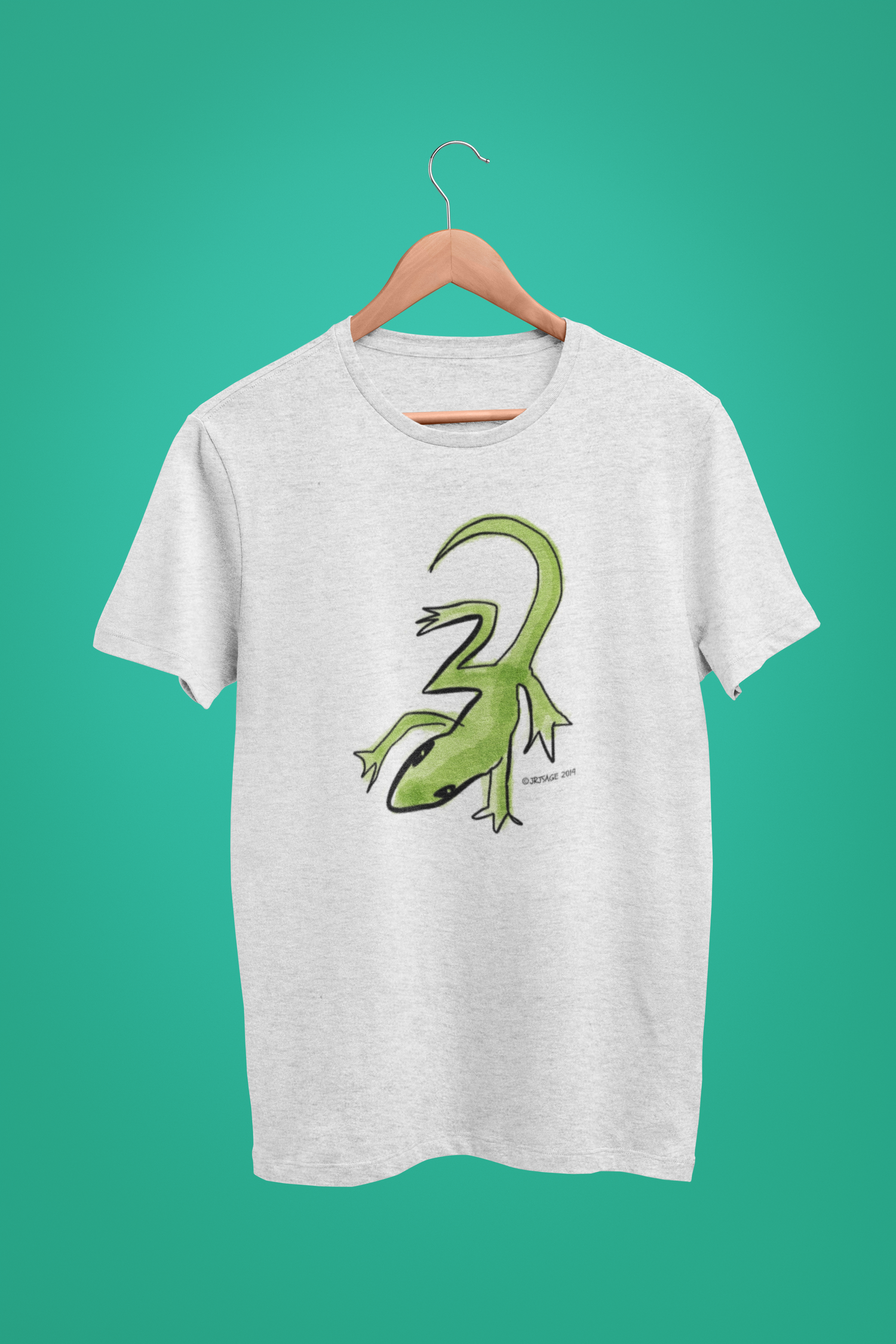 Lizard T-shirt - Illustrated Lounge Lizard T-shirt on vegan cream heather grey cotton t-shirts by Hector and Bone