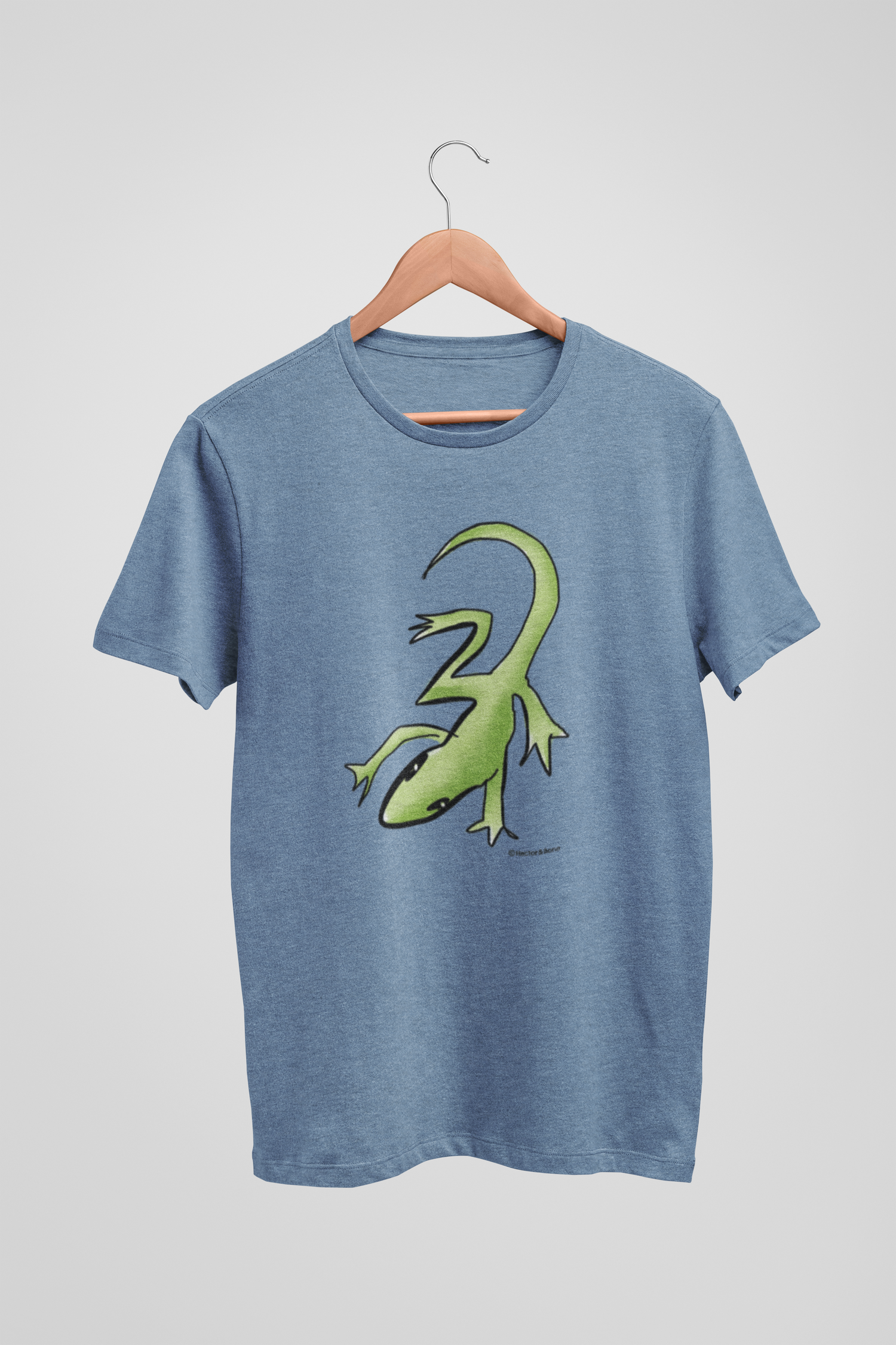 Lizard T-shirt - Illustrated Lounge Lizard T-shirt on vegan mid heather blue colour cotton t-shirts by Hector and Bone